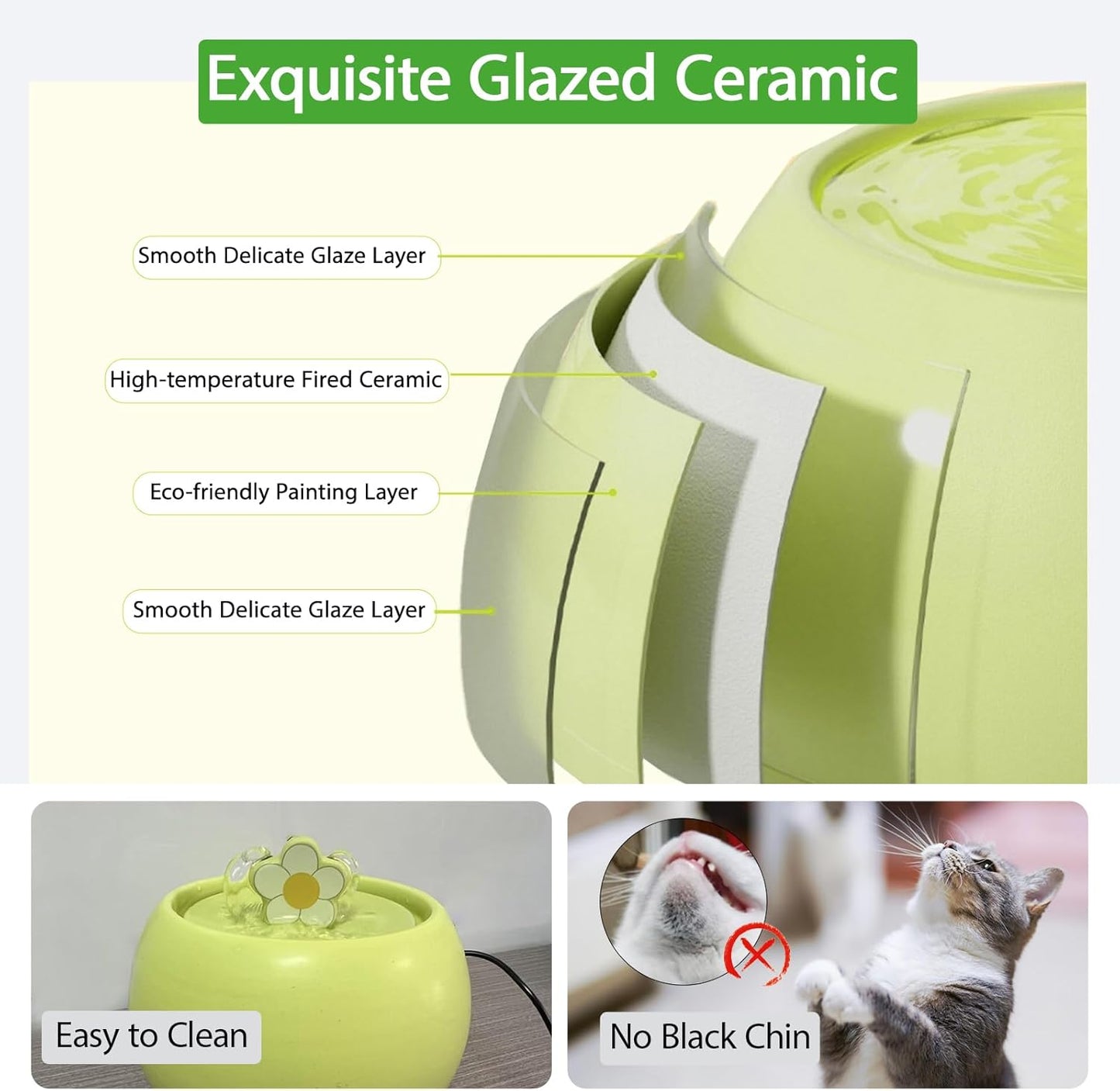 Ceramic Cat Water Dispenser, 50oz/1.5L Ultra-Silent Automatic Water Bowl Dispenser for Cats Pet Drinking Fountain Indoor with Cute Design Activated Carbon Filter Perfect for Cat (Green)