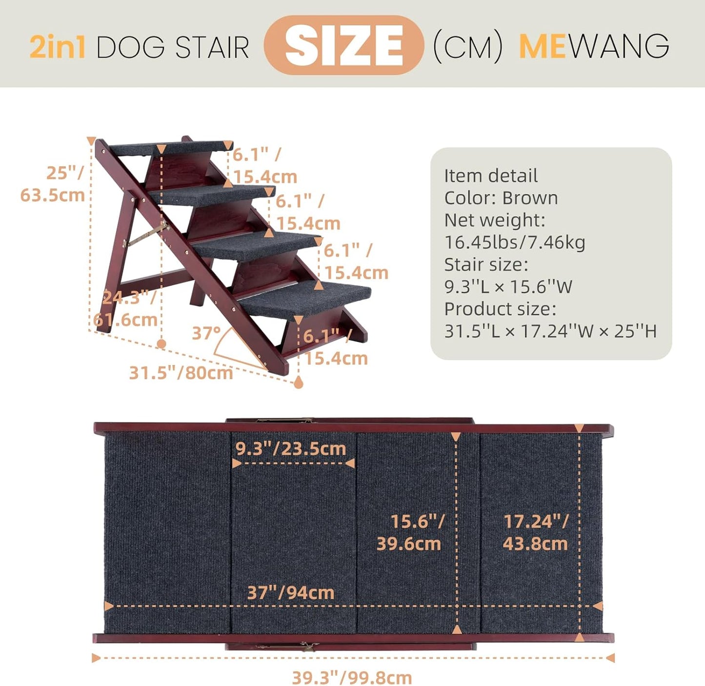 MEWANG Wooden Pet Stairs/Pet Steps - 3-in-1 Foldable Stairs & Ramp for Tall Beds and Cars - Portable Dog/Cat Ladder Up to 220 Pounds - for Small and Older Animals(Brown) (31.5" L x 17.2" W x 25.0" H)