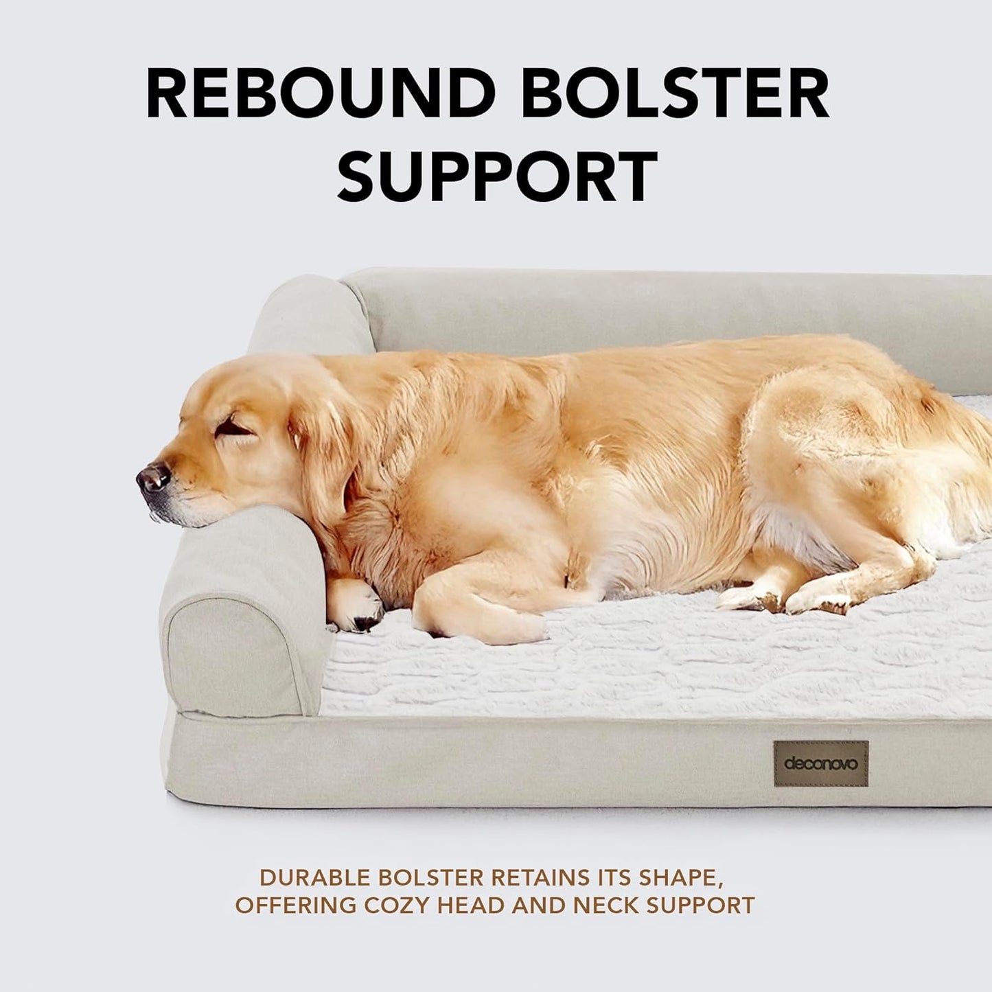 Deconovo Sofa Dog Bed with L-Shape Bolster, Supportive Eggrate Foam, PV Velvet Top, Anti-Slip Waterproof Bottom, Zippered Washable Cover, Large Dogs & XL Options, Beige, 42x31x8 Inches
