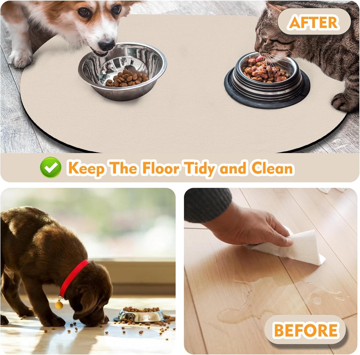 Pet Feeding Mat – 20''x12'' Absorbent Dog Food Mat, Pet Water Mats Protect Floor, No Stains Quick Dry Water Bowl Mats, Non-Slip Rubber Base Pets Placemats for Food, Beige