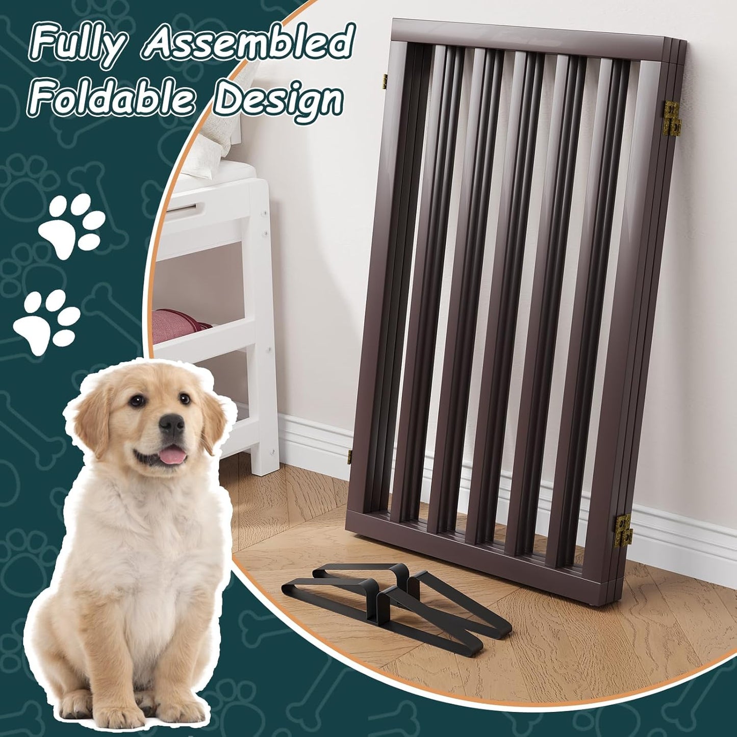높이 81.3cm(32인치) 엑스트라 톨 프리 스탠딩 반려견 게이트, 금속 스탠드 2개가 있는 3패널 대나무 반려동물 게이트, 360° 경첩이 있는 실내 독립형 게이트, 계단, 출입구용 접이식 반려동물 장벽, 너비 139.7cm(55인치) x 높이 81.3cm(32인치) - 에스프레소