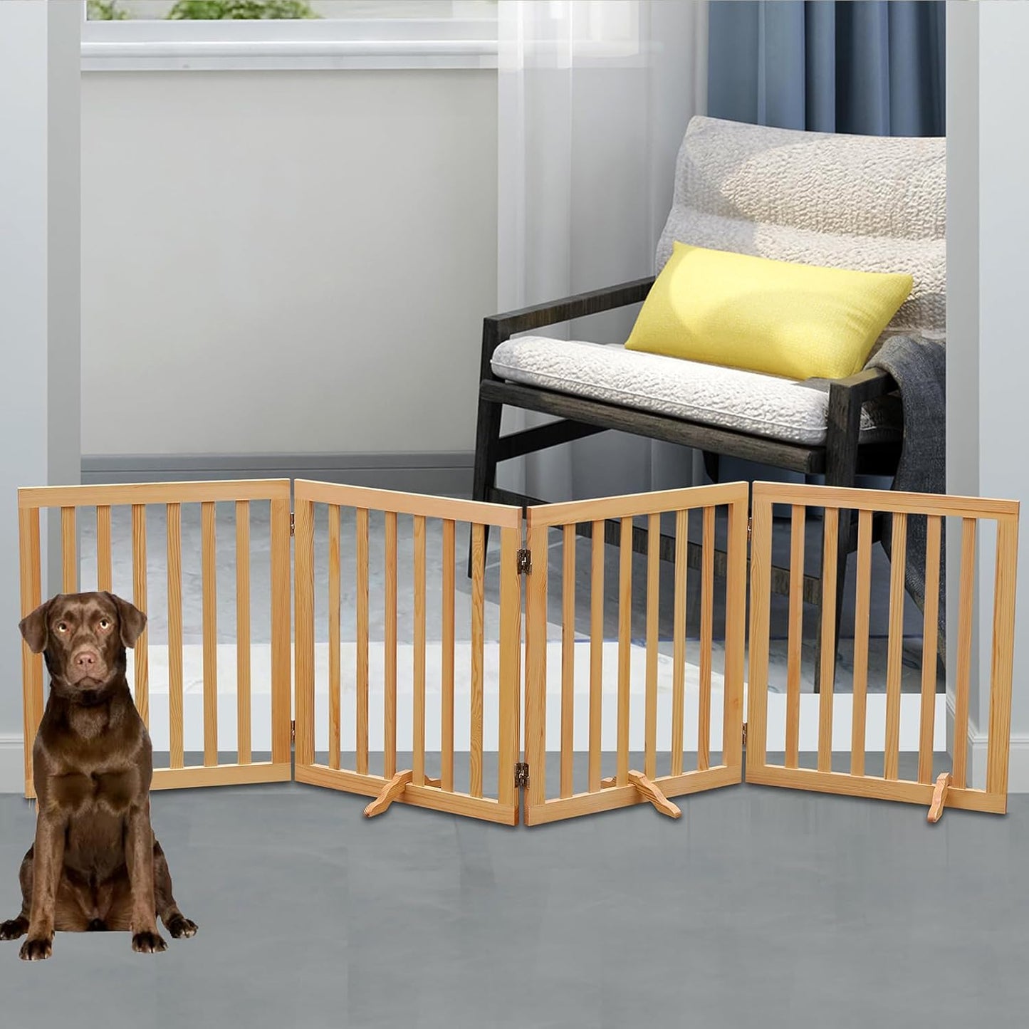 Wooden Foldable Dog Gate Pet Dog Fence for House Stairs Hallways Doorways, Freestanding 4 Panels Puppy Safety Gate 80.9 Inch Wide 23.6 Inch Height Indoor Brown