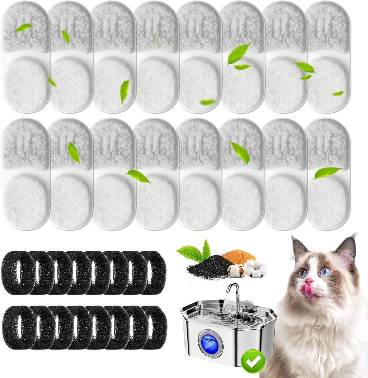 16+16 Pack Replacement Filters Compatible with APAUK Cat Water Fountain Stainless Steel 108oz/3.2L, 6 Month Set for Dog Water Dispenser, Includes 16 Filters & 16 Sponges