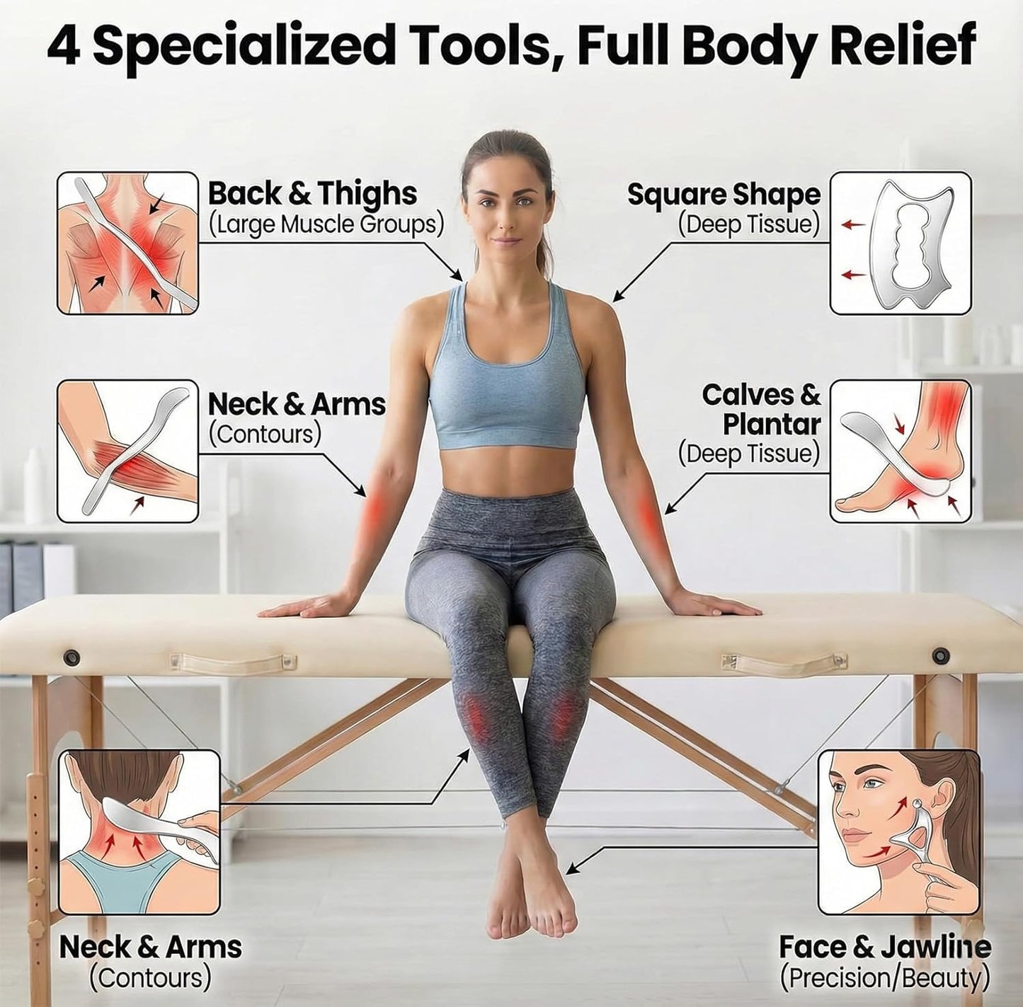 Stainless Steel Muscle Scraper Tool Set - 4Pcs Massage Scraper Tool Gua Sha for Myofascial Release, Fascia Release Tools for Deep Tissue Massage, Physical Therapy & Fascia Scrapingr (4Pcs)