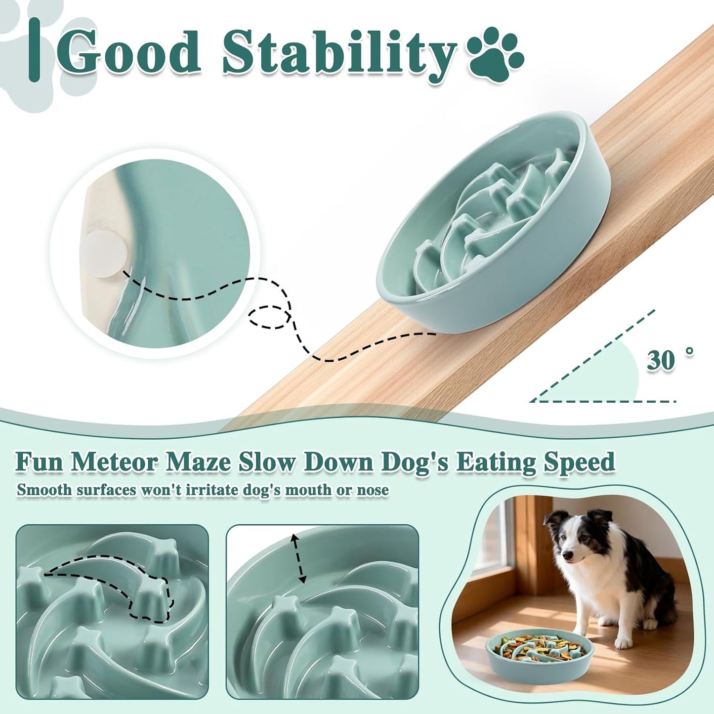 Ceramic Slow Feeder Dog Bowls, 2 Cups Dog Food Dish for Medium and Large Breed, Puzzle Dog Food Bowl for Fast Eater, 28OZ, 8.15 inch(Light Green)