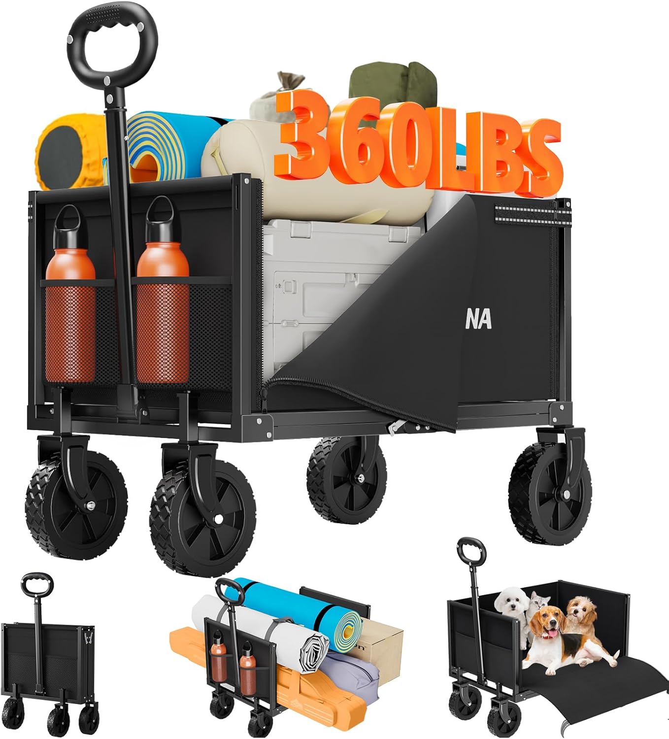 YACONA 3 in 1 Wagons Carts Foldable, 360LBS Lightweight Wagon with All Terrain Wheels, Collapsible Wagon Cart for Grocery, Camping, Beach, Garden & Sports