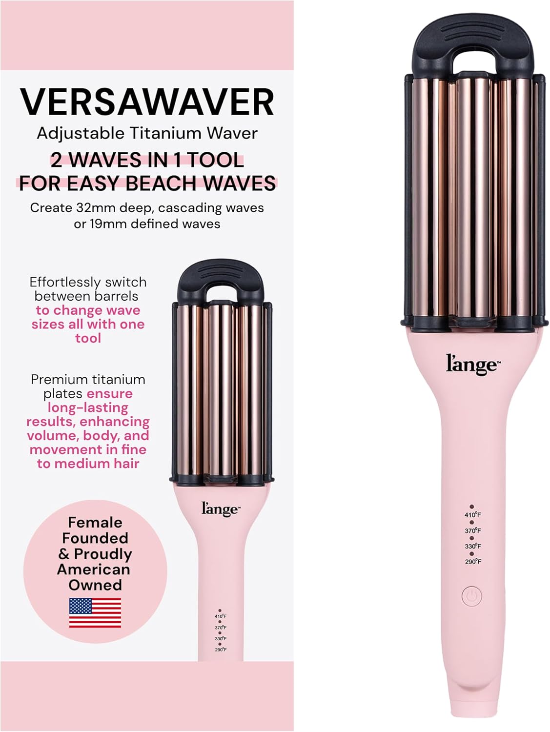 L'ANGE HAIR VersaWaver | 2-in-1 Adjustable Titanium Hair Waver & Crimper | 19mm & 32mm Barrels for Beach Waves & Defined Crimps | 3 Barrel Hair Tool with Heat Glove & Mat, Dual Voltage | Blush
