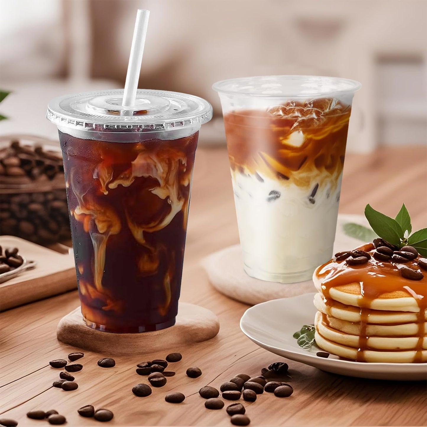 Ginkgo 100-Pack 20oz Clear Plastic Iced Coffee Cups with Lids and Straws, Leak-Proof & Sturdy Disposable To Go Cups for Smoothies, Milkshake, Cold Beverages, Coffee Bar Accessories