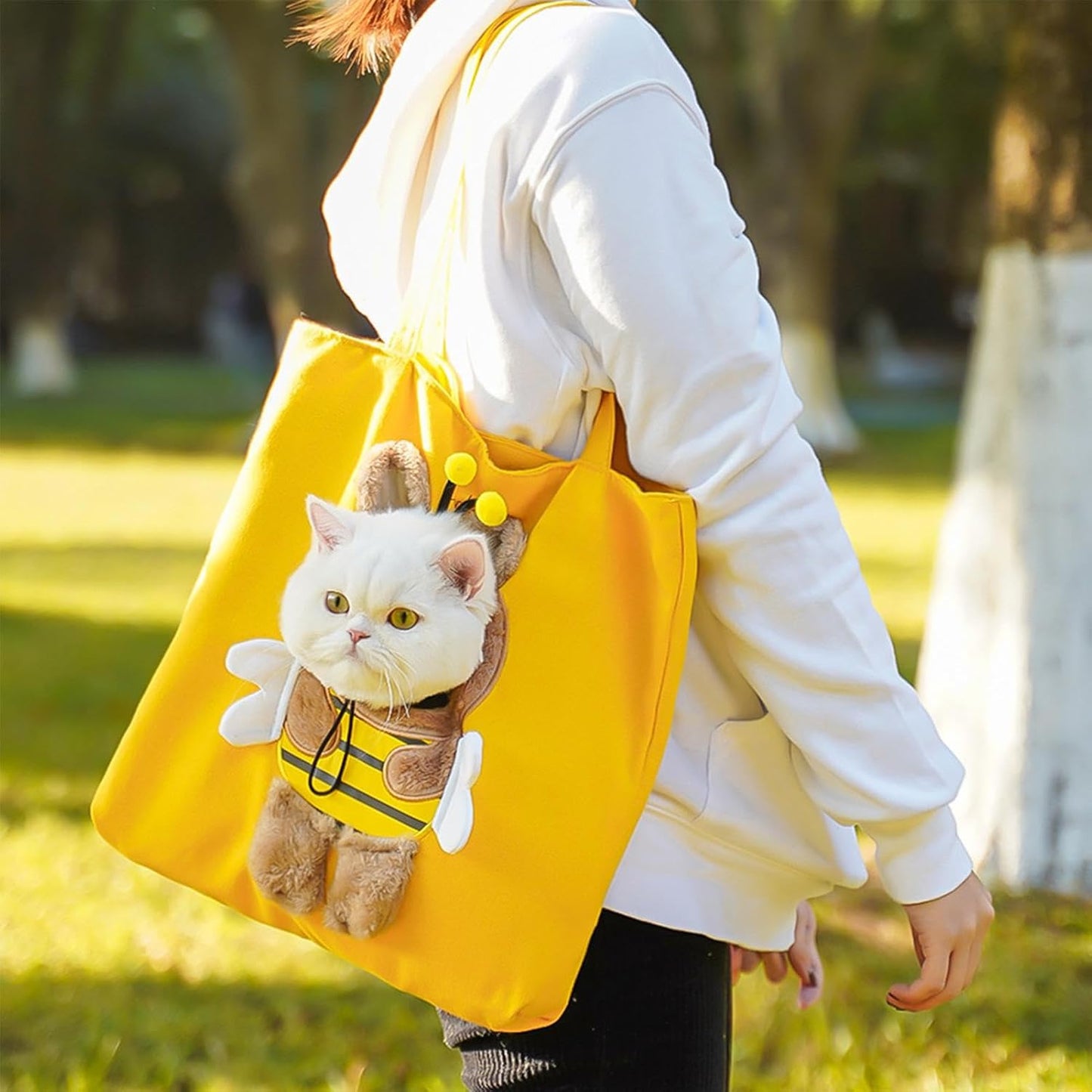 Cat Carrier Pouch - Animal Sling, 1pc Animated Kitten Tote for Shoulder Carrying, Fleece Chest Pack with Safety Leashes, Travel Equipment, Soft Sided Satchel for Strolling, Errands and Subway Trips