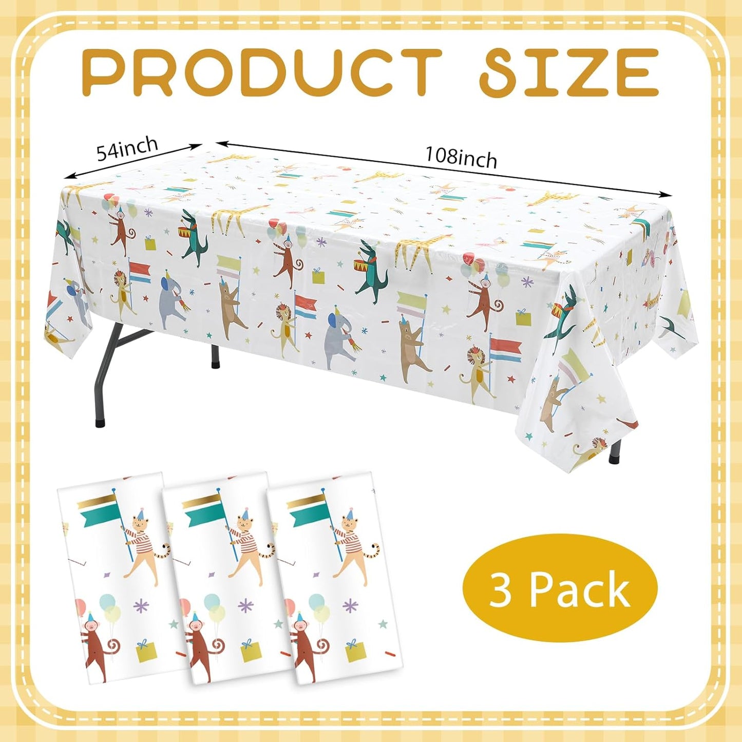 Maxdot 3 Pieces Animal Parade Party Tablecloths 108 × 54 Inch Safari Theme Table Cover, Plastic Disposable Table Cloth Zoo Party Supplies for Jungle Baby Shower, Animal Themed Birthday Decorations