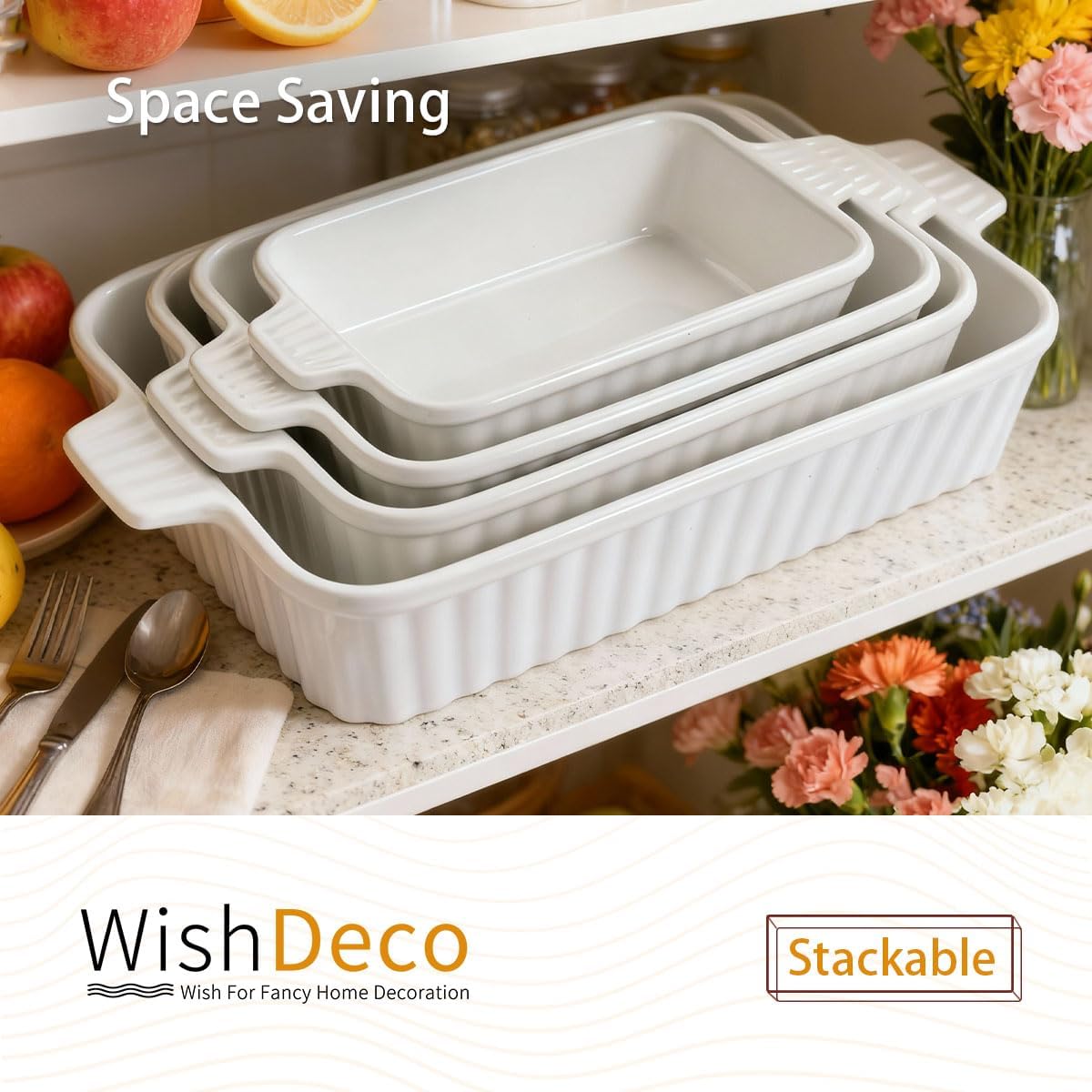 Ceramic Casserole Dishes Set of 4, Baking Dishes for Oven, Rectangular Lasagna Pan Deep with Handles, White Porcelain Bakeware (15''/12.4''/11''/9.6''), Microwave Safe