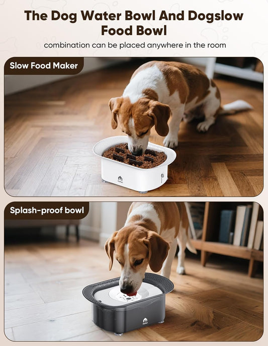 Dog Water Bowl,No Spill Water Bowl for Dogs Reduce Refill & 2-6 Cups Slow Feeder Dog Bowls 2Pieces,Anti Splash No Mess Dispenserl,Anti-Choking Puzzle Food Bowls(with Suction Cup Foot Pad)