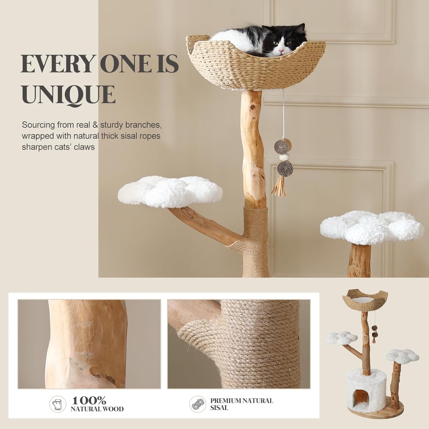 47-Inch Natural Wood Cat Tree for Cats, Modern Cat Tower with Multiple Platforms, Sisal Posts, Handwoven Bed, White Cushions