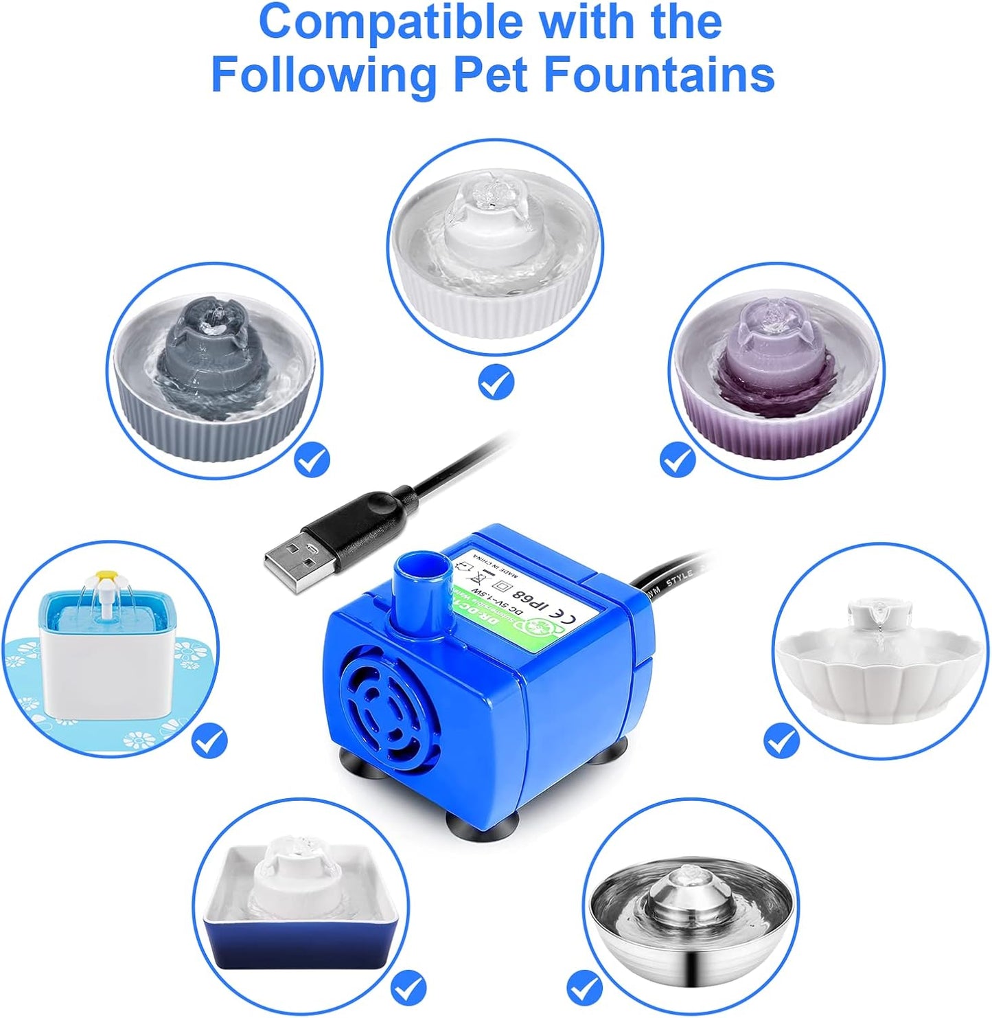 Cepheus Replacement Pump for Cat Water Fountain - Extreme Silent Pet Fountain DR-DC160 Pump with 6 ft USB Cable Cord for Automatic Cat Water Fountain Stainless Steel (No Adapter)