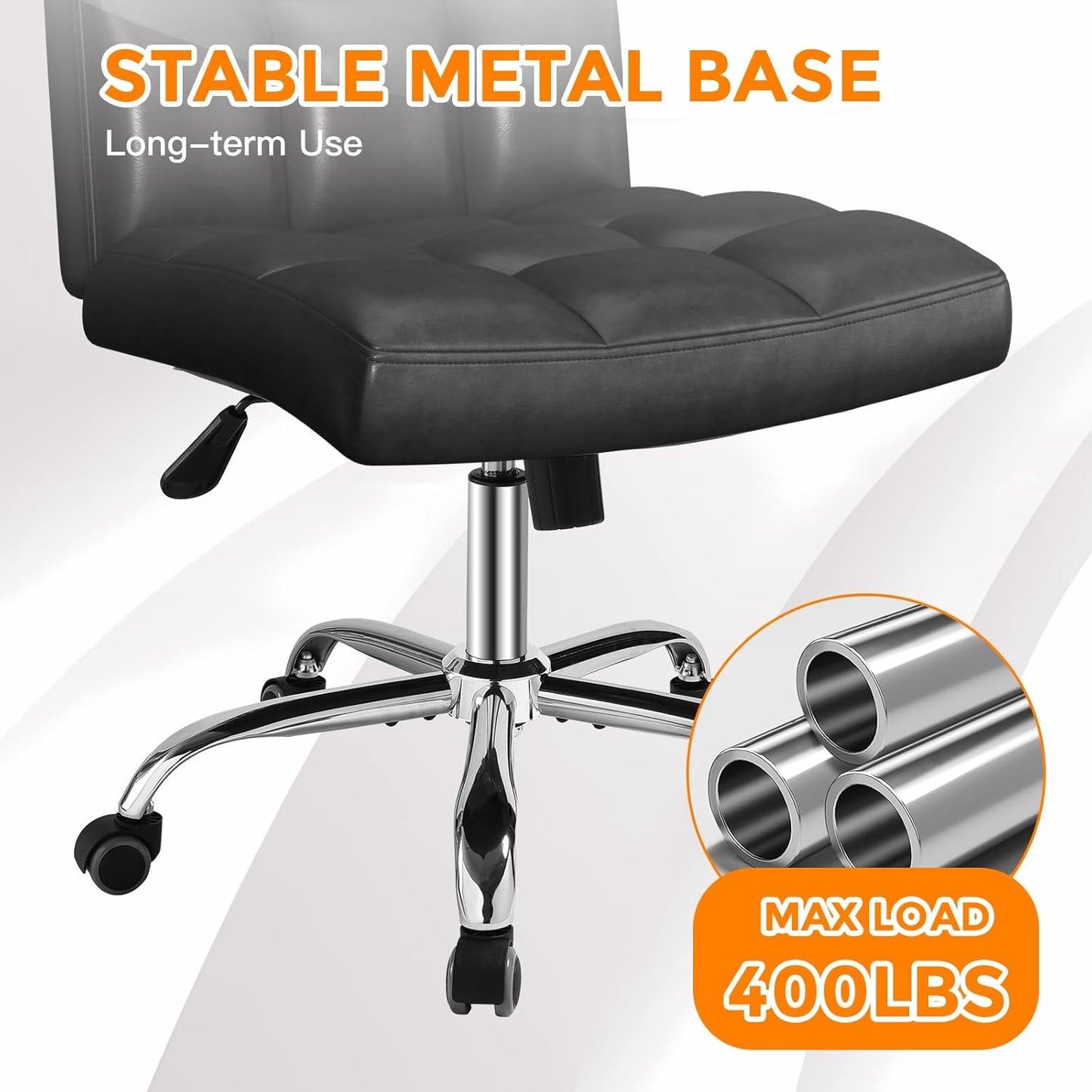 Black Office Chair with Wheels - 360° Swivel Armless Back Support，Comfortable Pu Adjustable Rolling Desk Chairs for Office，Home，Vanity，Bedroom，Big Space (Widened Black)