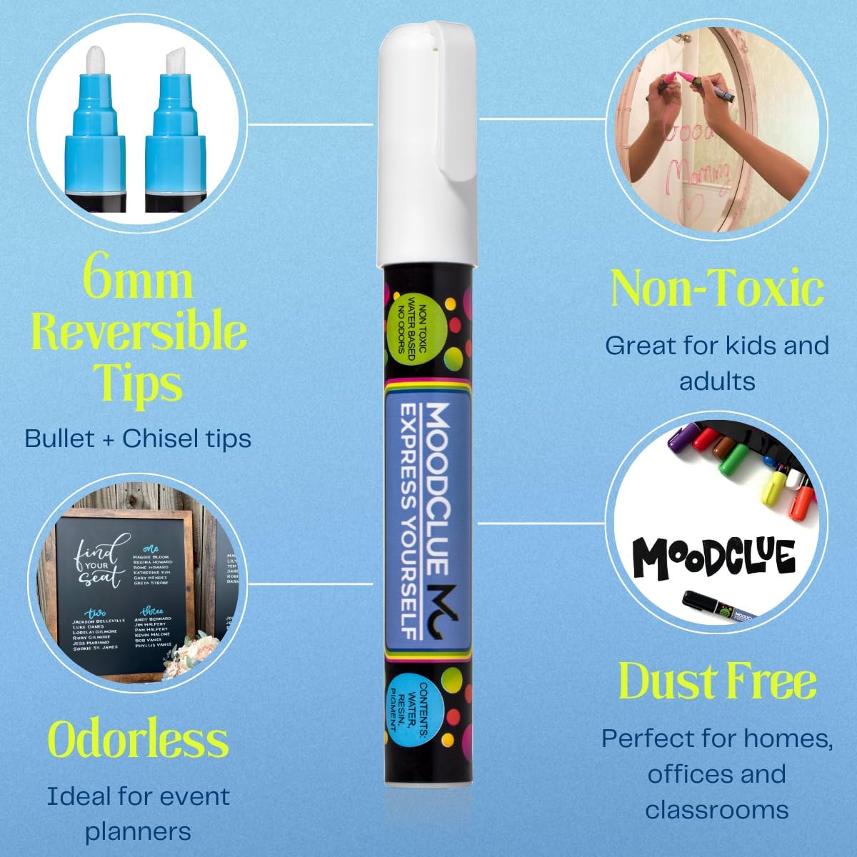 Liquid chalk markers 12 neon erasable Whiteboards, glass boards, chalkboards, windows, mirrors, car windshields, auto, glass. Odorless, non-toxic. Wet or dry erase. Thick and thin tip