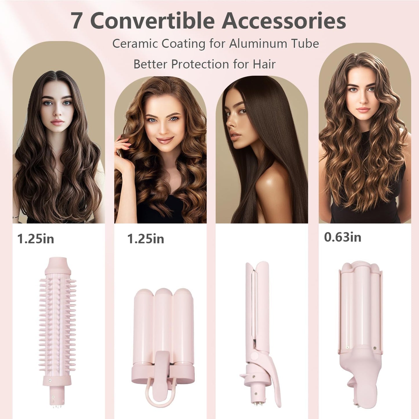 Curling Iron Set 7-in-1, Multi Curler Wand Set with 5 Interchangeable Barrels(0.6"-1.25"), Crimper Styling Tools, Heated Round Brush, Hair Straightener, Ceramic Coating with Pink Gift Package