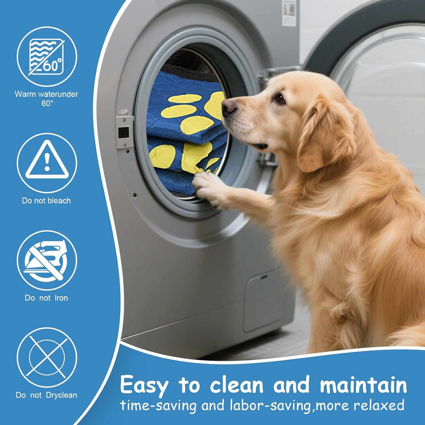 Washable Pee Pads for Dogs 24x48 Inch (1 Pack) - Thick Heavy Absorbent Reusable Pet Training Pads, Leakage & Non-Slip for Puppy Playpen/Crate/Potty, Spliceable, Machine Washable, Blue
