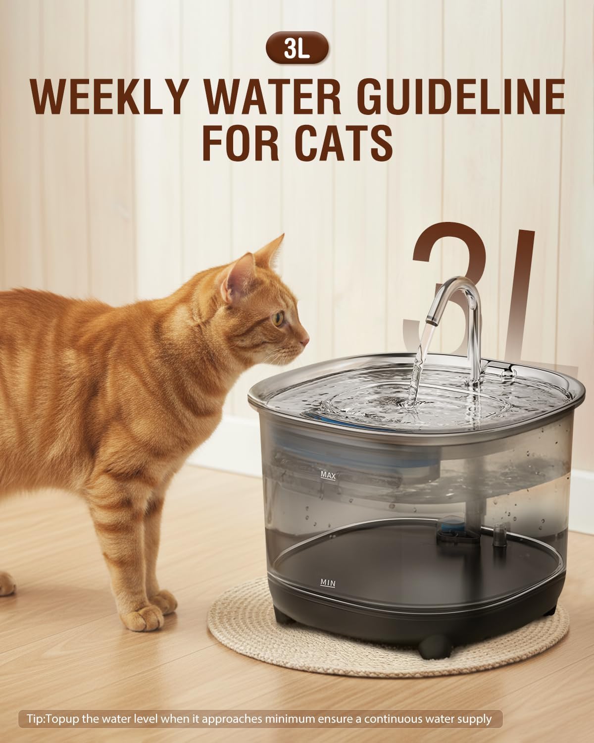 Cat Water Fountain, 3L/101oz Stainless Steel Pet Fountain, Ultra-Quiet Automatic Water Dispenser with Filter, Low Water Alert & Easy Clean for Cats, Small Dogs