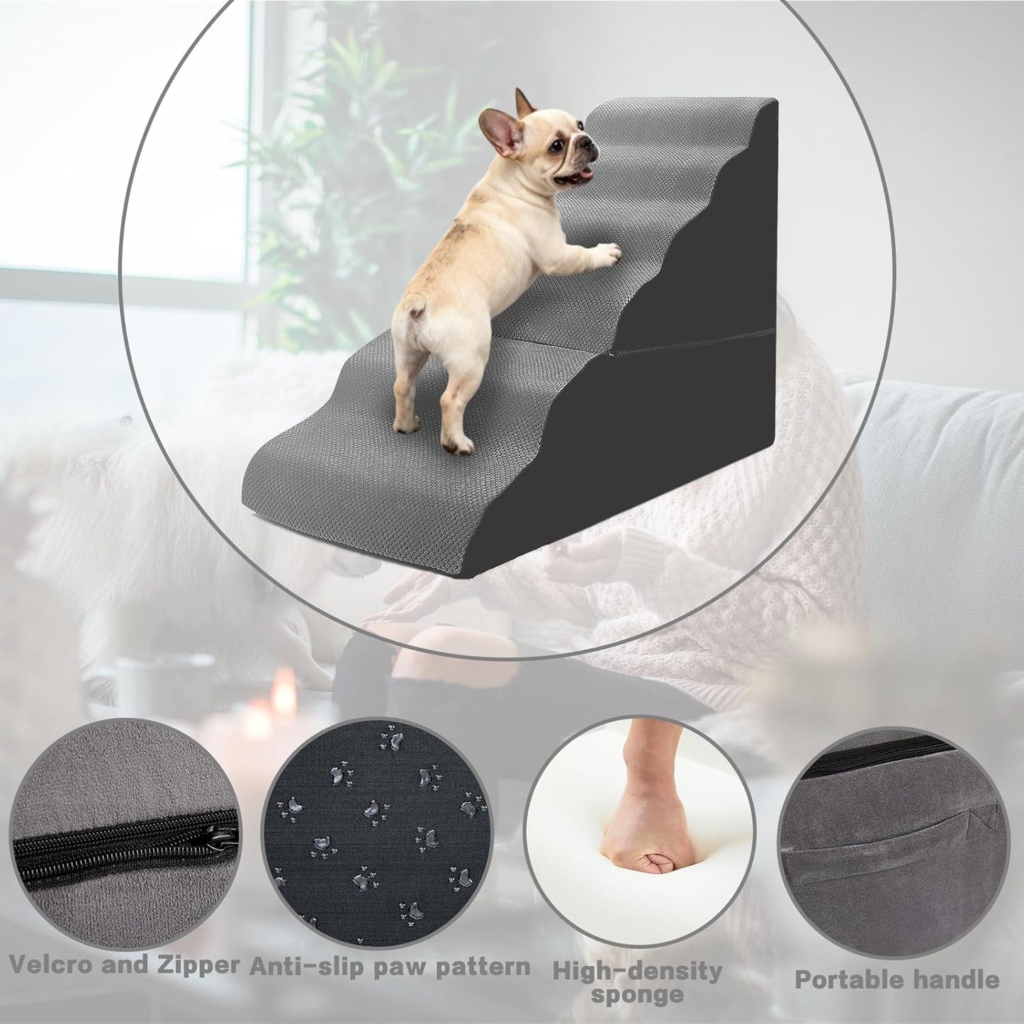 Dog Stairs for High Beds 30-36 inches Tall, 6-Step Dog Steps for Bed 32-36 inches for Small Large Dogs, Doggie Ramp for Bed, 30D Foam Pet Stairs for Old Dogs/Cats, Free-Installation, Grey