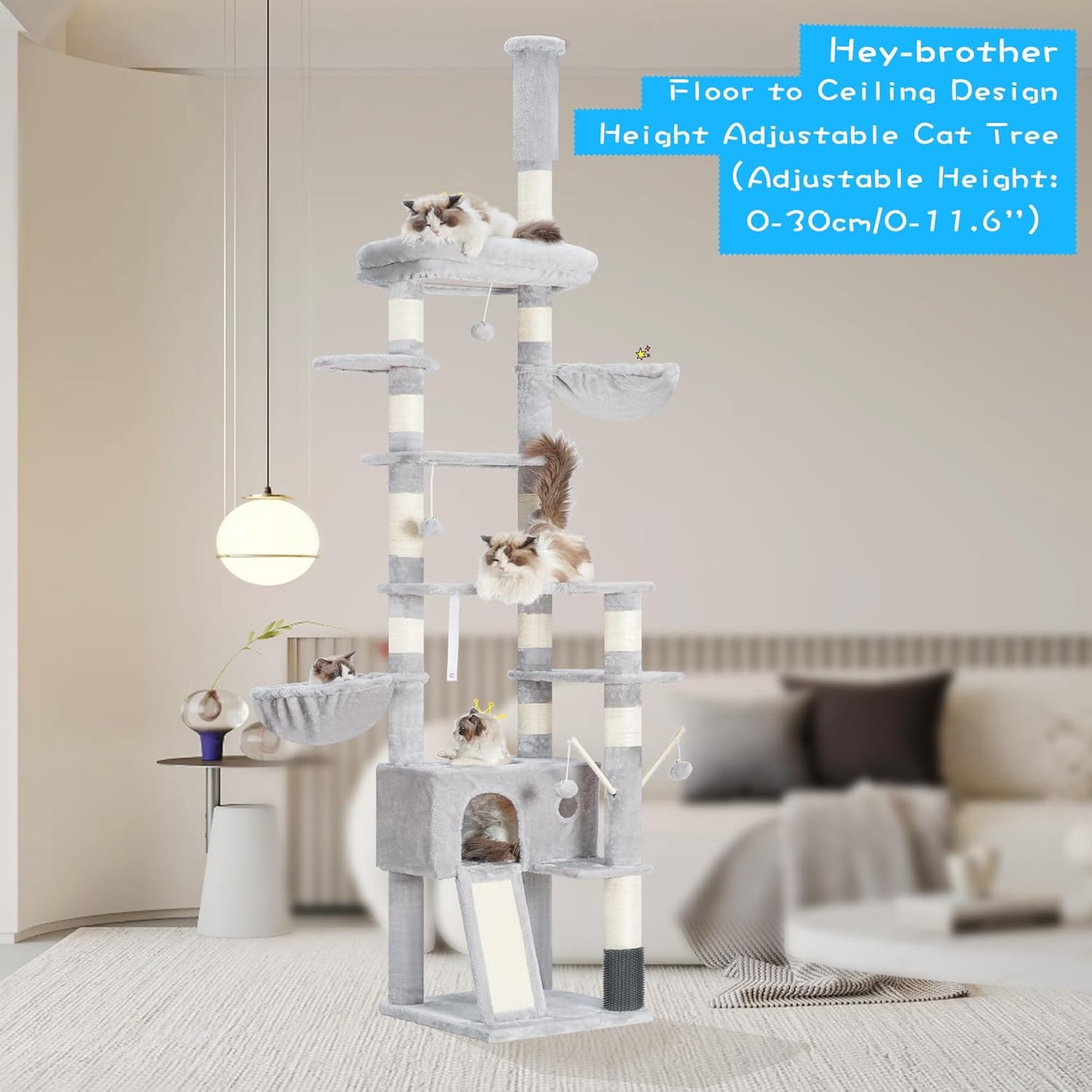 Hey-brother Cat Tree, 98.4-110.2 Inches Floor to Ceiling Cat Tree-Adjustable Height, Tall Cat Climbing Tower for Cats Large Adult with Scratching Post, Cat cando, Light Gray 0MPJ091W