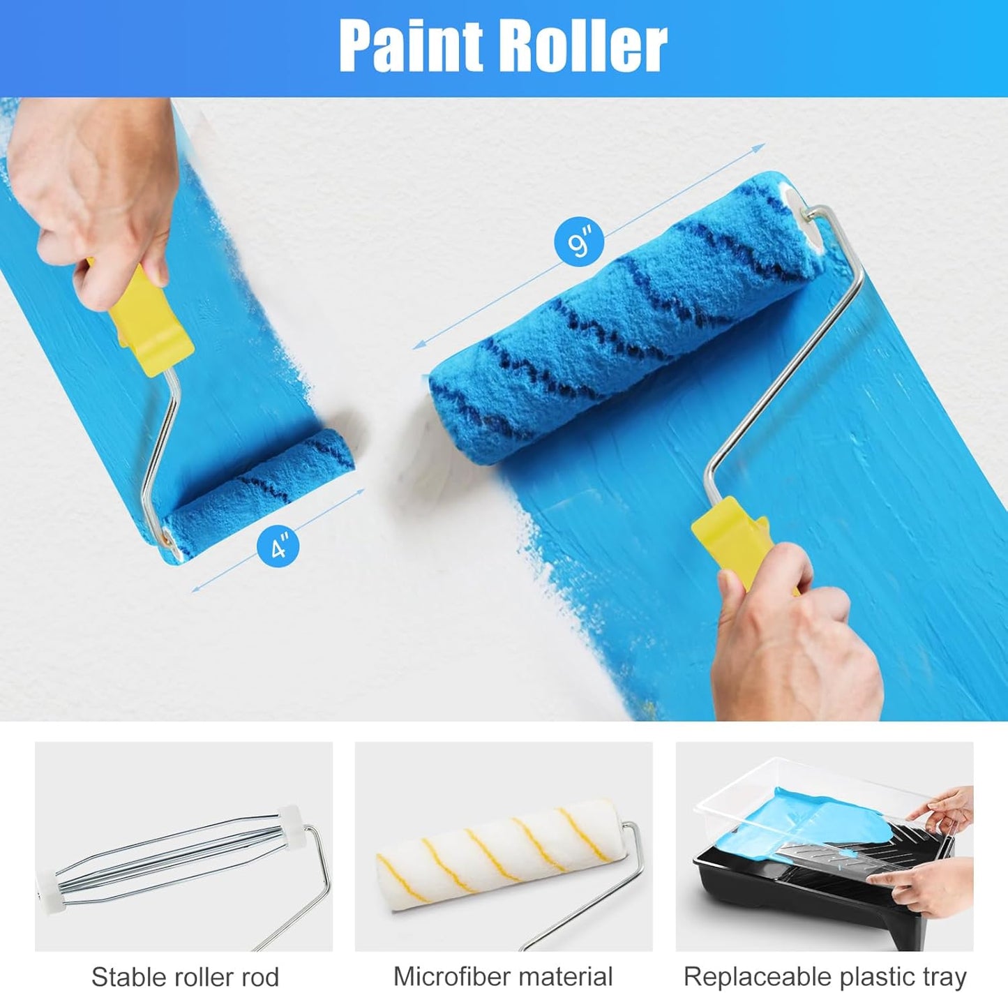 Paint Roller Kit, 29 Pcs Complete Paint Set with 2-4FT Extension Pole, Paint Rollers 9 Inch, 4 Inch Small Paint Rollers, Paint Brushes, Tray, All-in-One Painting Supplies for House Painting
