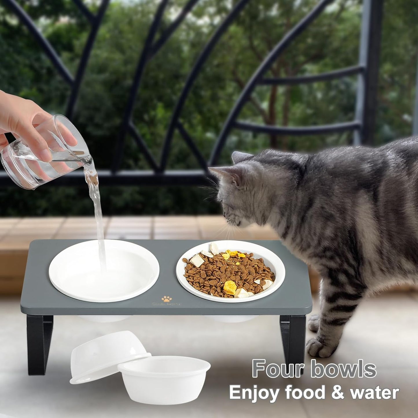Sunhoo Elevated Cat Bowls for Indoor Cats Ceramic Kitty Dish Food Water Raised Tilted Puppy Feeding Sation with 4 Dishes Wooden Stand Pet Feeder Metal Legs Orthopedic ReducesVomiting（Grey）