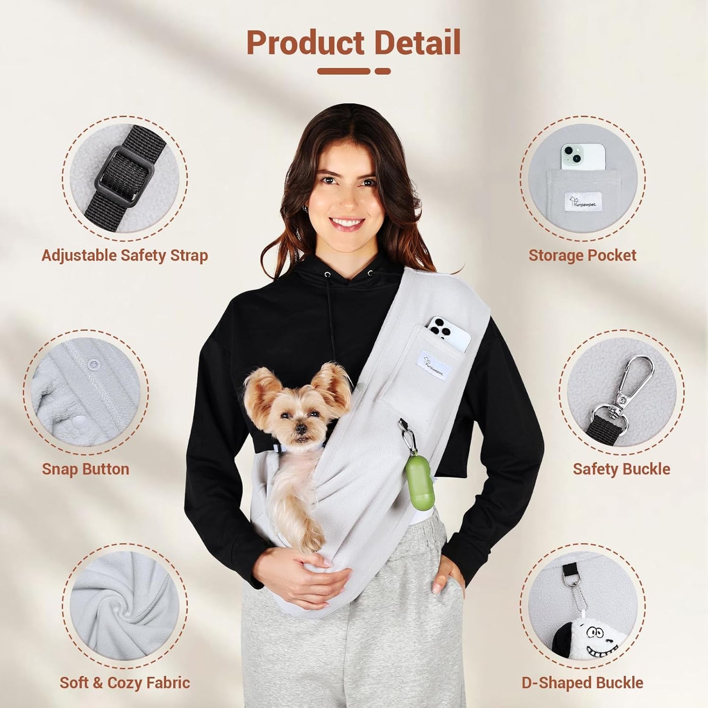 Hands-Free Cat Sling Carrier, Ultra-Soft Polar Fleece Pet Sling for Small Dogs & Cats 3-14 lbs, Machine Washable for Indoor Snuggling & Outdoor Use (Large, Grey)