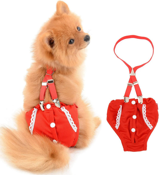 SMALLLEE_LUCKY_STORE Red Lace Girl Dog Diapers for Female with with Suspender Washable Reusable Cloth Sanitary Pants for Heat Cycle Incontinence Puppy Training