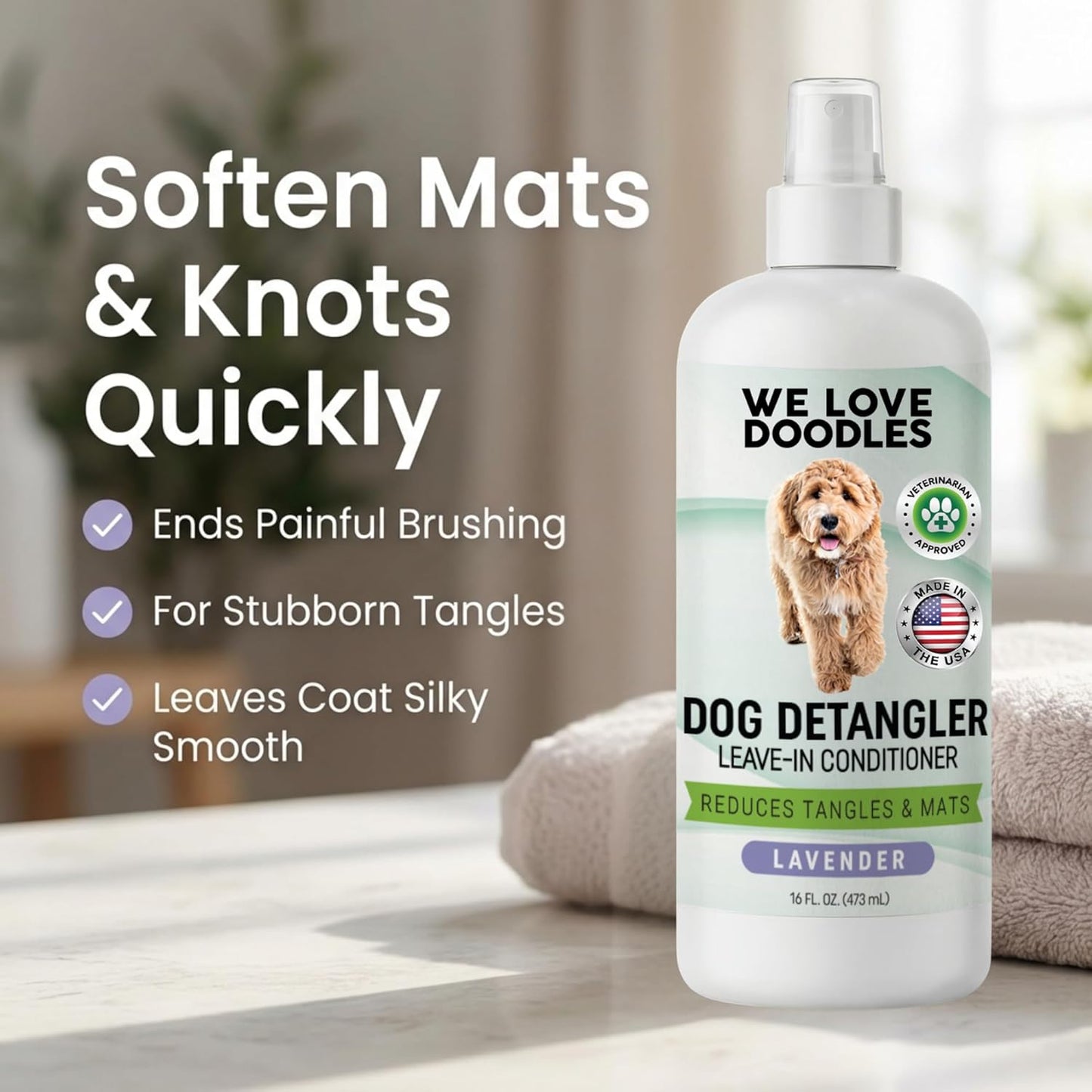 We Love Doodles Dog Detangler Spray - Leave-in Conditioner for Dogs - Dog Detangling Spray - Dematting Spray for Dogs - Tangle Remover - Made in The USA (Lavender)