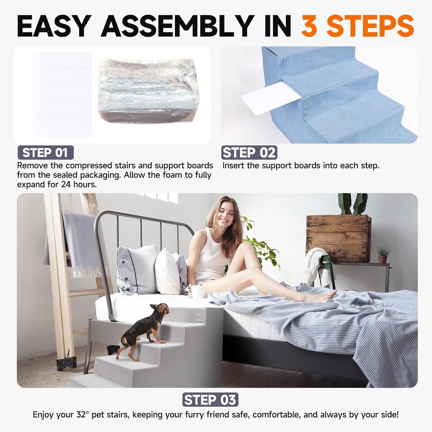 Pet Stairs for Small Dogs & Cats - 3/4/5 Steps, Non-Slip Extra Wide Design, Gentle Angle for Joint Protection, High Density Foam, Washable Cover, Fits Beds & Couches, 5 Steps-Warm Pink