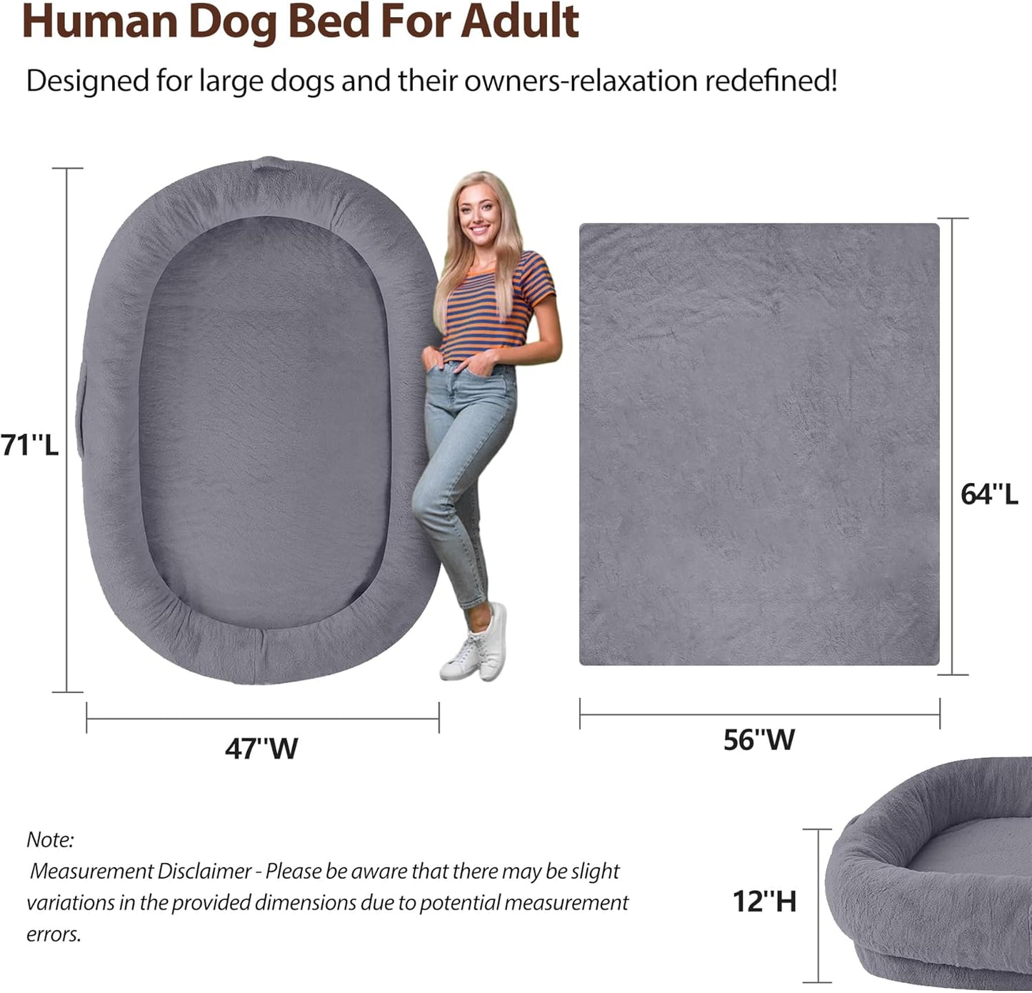 L&W BROS. Orthopedic Human Dog Bed for Large Dogs and Adults, Washable Extra Large Pet Couch with Removable Cover & Blanket, Supportive Memory Foam Lounger 71"x47" (Dark Gray)