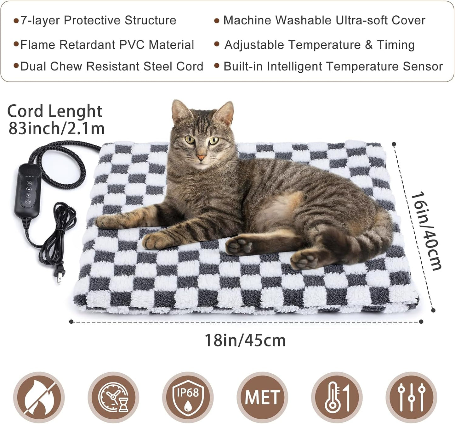 MIXJOY Heated Cat Bed, 11 Adjustable Temperature Cat Heating Pad Indoor with Timer, Pet Heating Pads for Cats Dogs, Electric Dog Heating Pad with Washable Cover, Heated Pet bed-18''x16'', Small