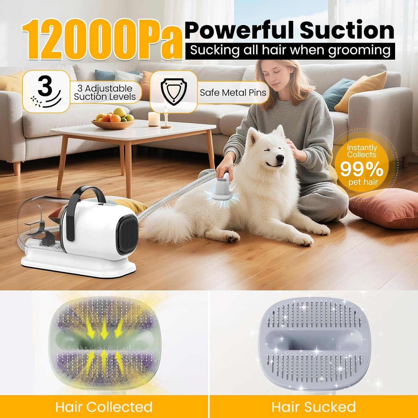 Dog Grooming Vacuum, All-in-One Pet Grooming Kit with Hair Clipper & Shedding Brush, Low Noise 12,000Pa Dog Hair Remover Vacuum, Pet Groomer Set with Cleaning Brushes, PG01
