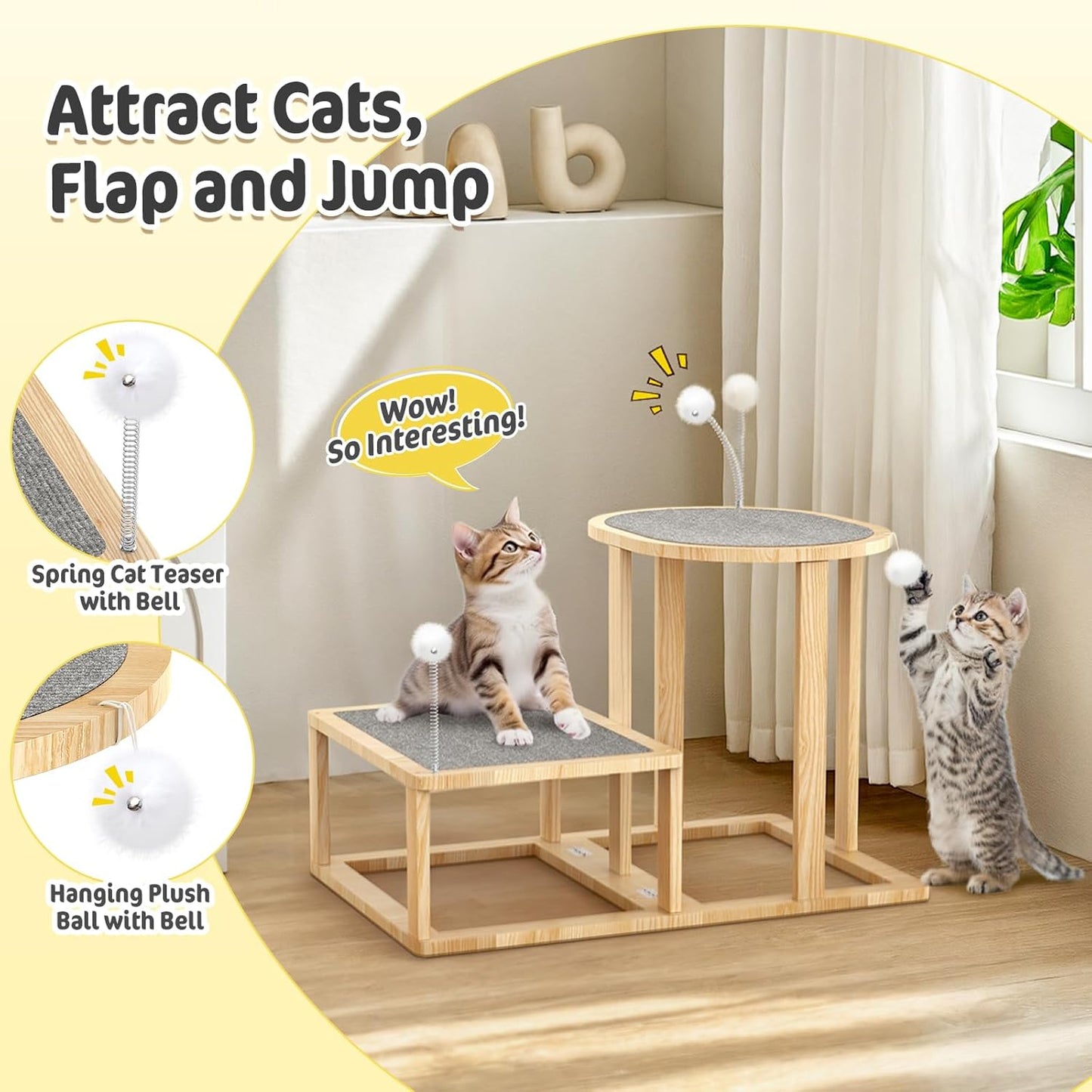 Pawaboo 16.9in Cat Tree Tower, 2-Level Cat Scratch Post with Scratching Mats, Cats Teasers & Hanging Ball, Cats Tree for Indoor Kittens, Natural Wooden Scratcher Beds & Furniture for Kitties