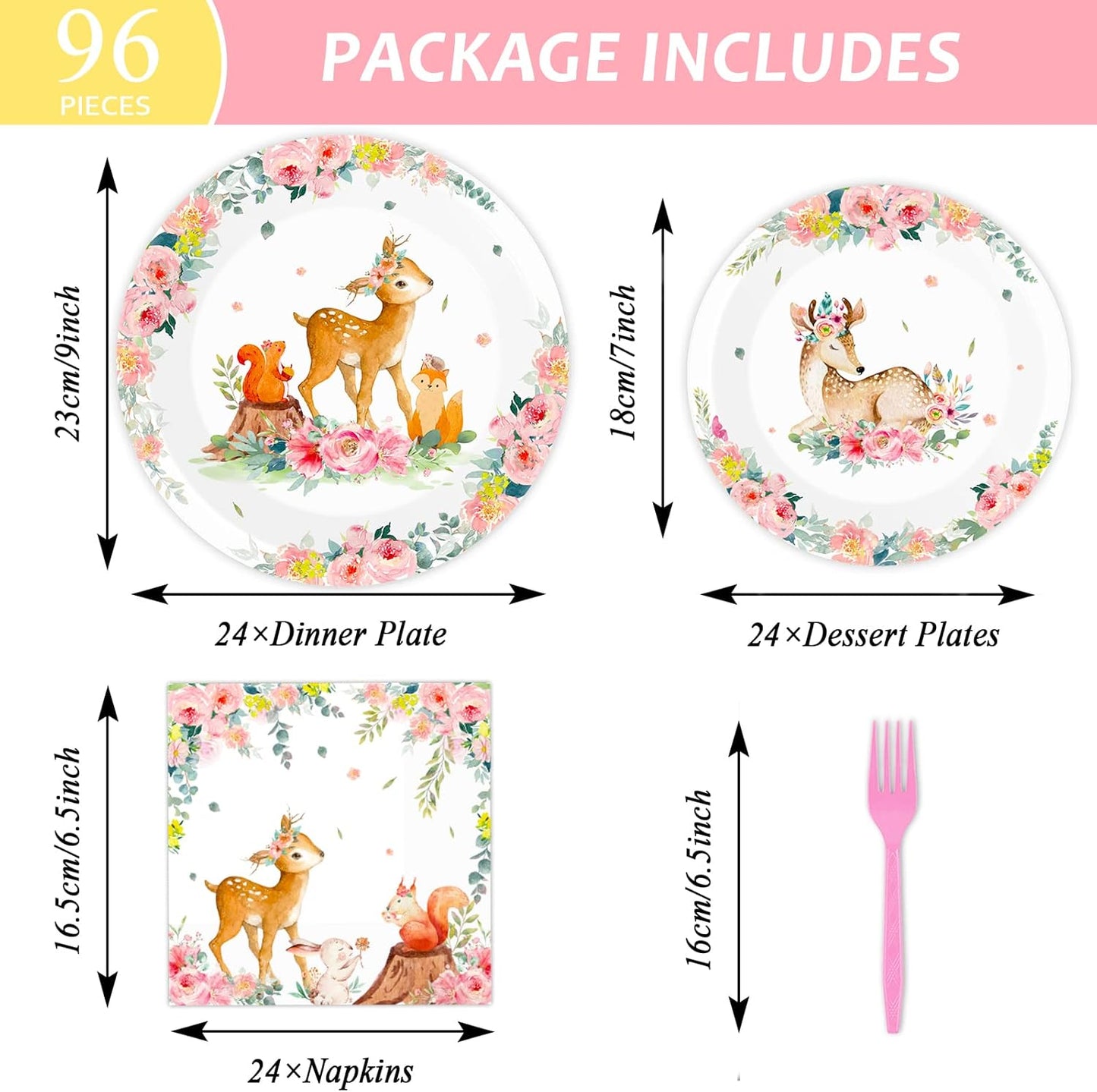 Tevxj 96PCS Woodland Baby Shower Tableware Set Girls Pink Safari Dinnerware Disposable Plates Woodland Party Plates Napkins Forks for Forest Animal Deer Flower Party Decorations Supplies 24 guests