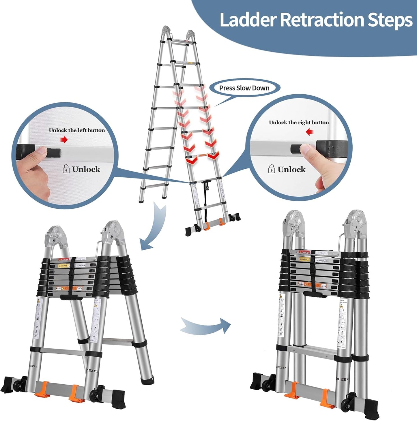 A Frame Telescoping Ladders 16.5 FT Stainless Steel,Telescopic Ladder 330lbs Capacity Compact Ladder with Balance Bar and Movable Wheels,Multi-Purpose Collapsible Ladder for Indoor Outdoor Work