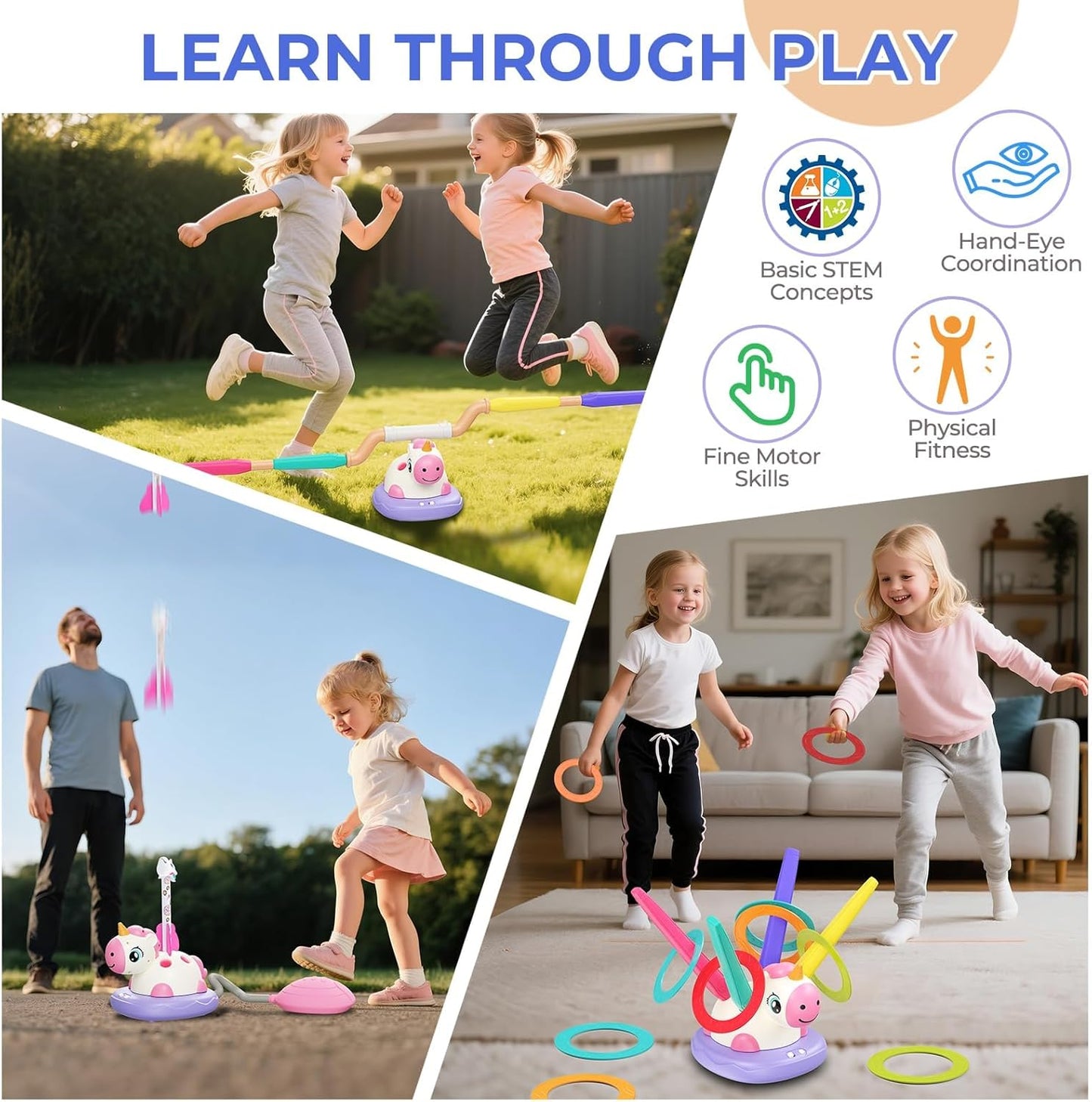 3 in 1 Unicorn Rocket Launcher, Ring Toss & Musical Jump, Outdoor Jumping Spinning Toy for Kids Ages 3-8, Indoor Active Play Set for Boys Girls, STEM Learning Birthday Gift for 3 4 5 6 7 8 Years Old