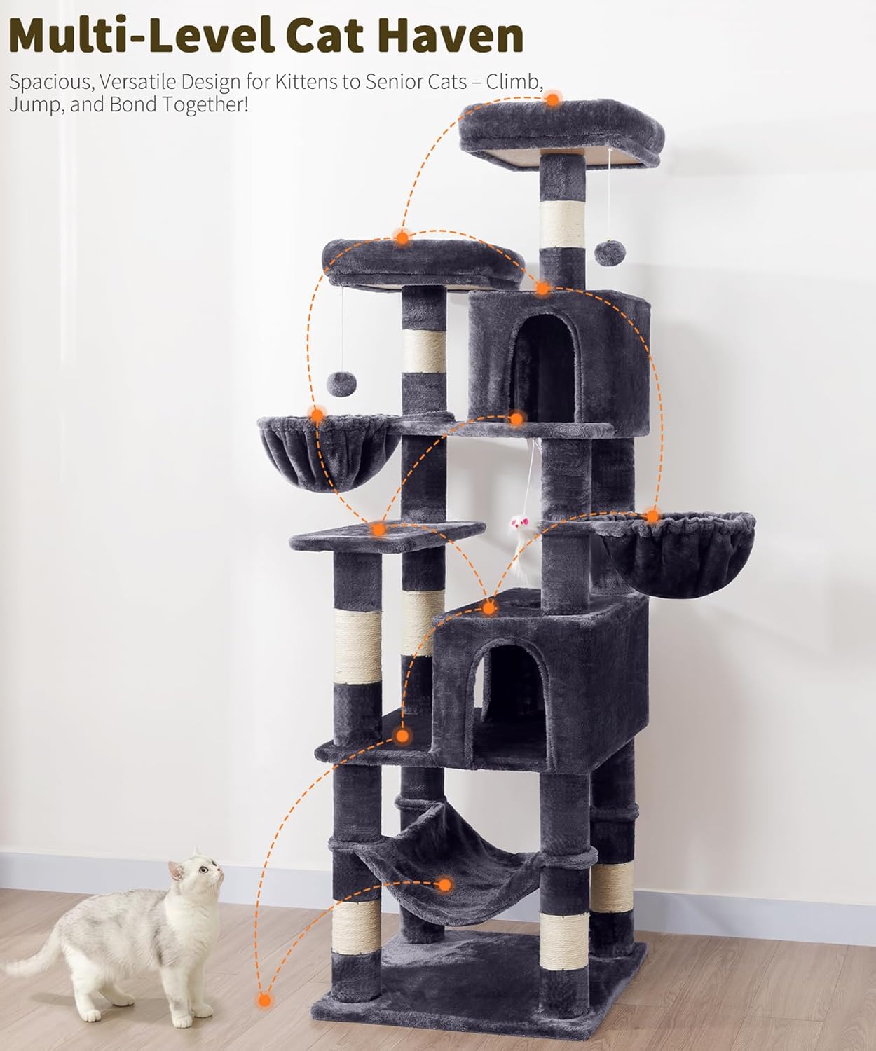 AMHANCIBLE Tall Cat Tree, 70 Inch Cat Tower for Indoor Cats, Multi-Level Cat Tree with Scratching Post, Hammock, Hanging Basket, Large Cat Condos for Adult Cats Kittens, Dark Grey, PT18DG