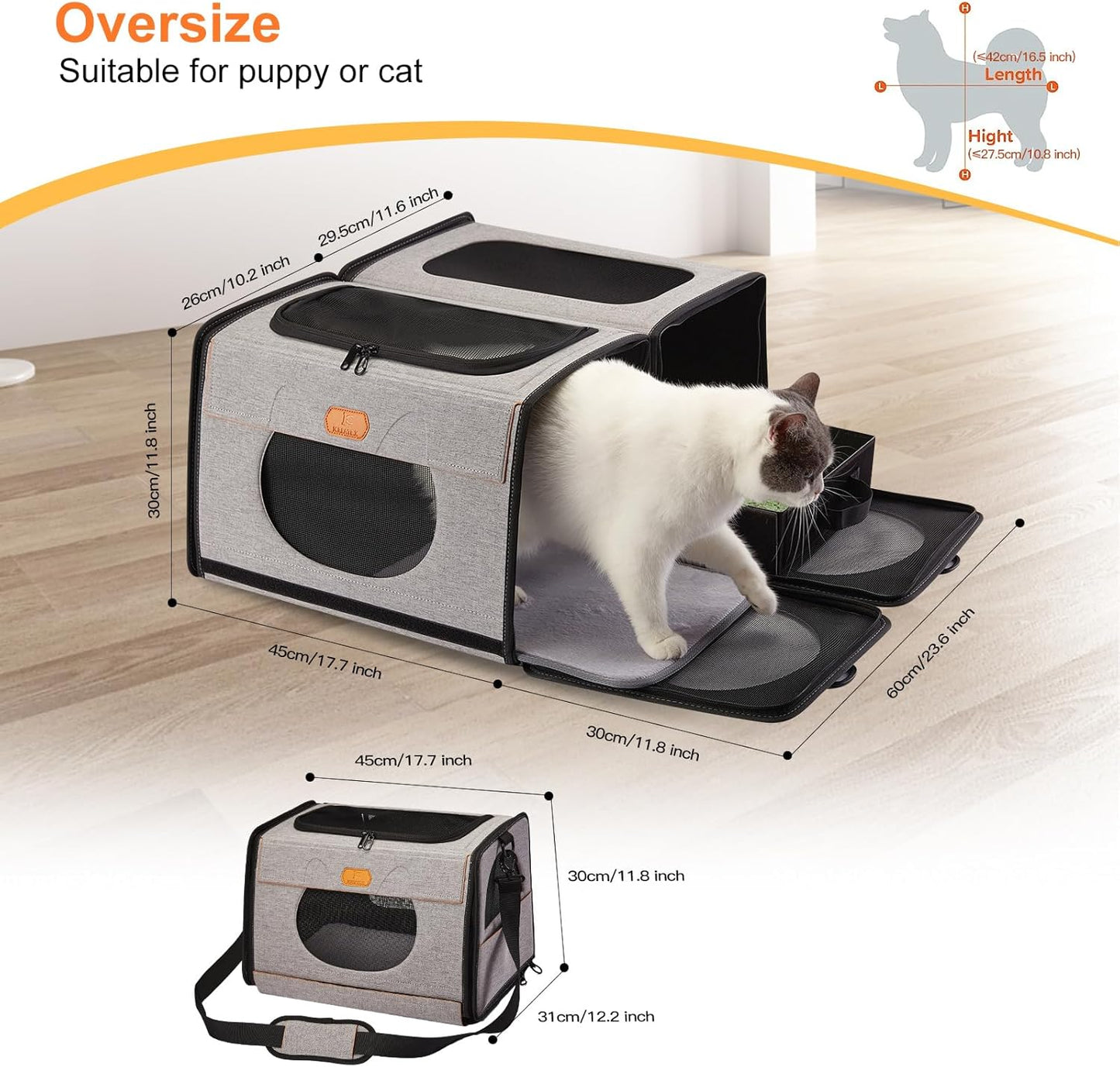IC ICREATE.X Large Cat Carrier with Litter Box for Car Travel, Pet Carrier Bag 2-in-1，Double Cat Travel Transport Carrier for Long Distance, Collapsible Dog Crate, Cat Bag for Kitten 2 Cats