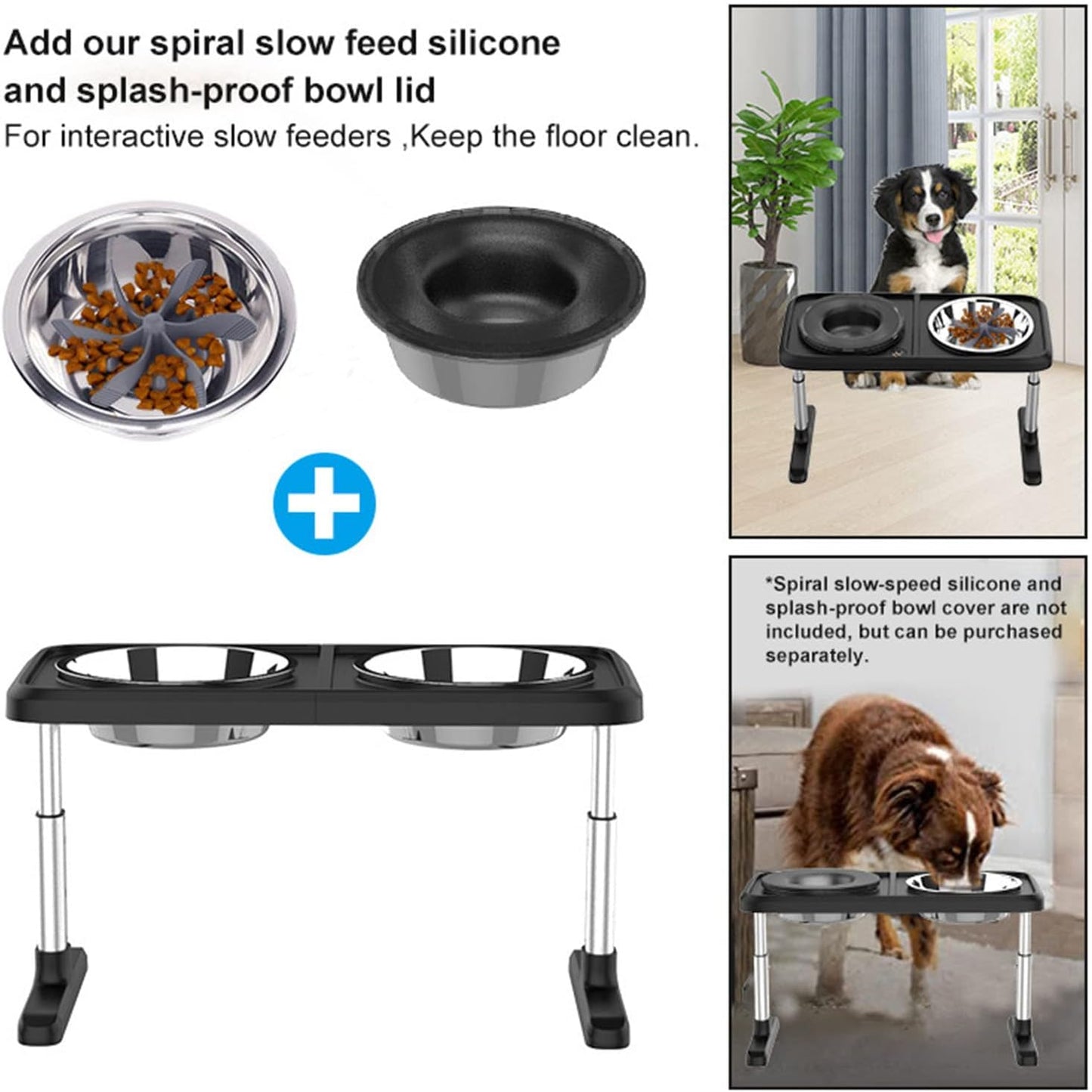Elevated Dog Bowls, Raised Cat Bowl Stand Feeder with 2 Stainless Steel Food and Water Bowls for Small Medium Large Dogs, 4 Heights 2.9", 8.9", 10.8", 12.6",Black