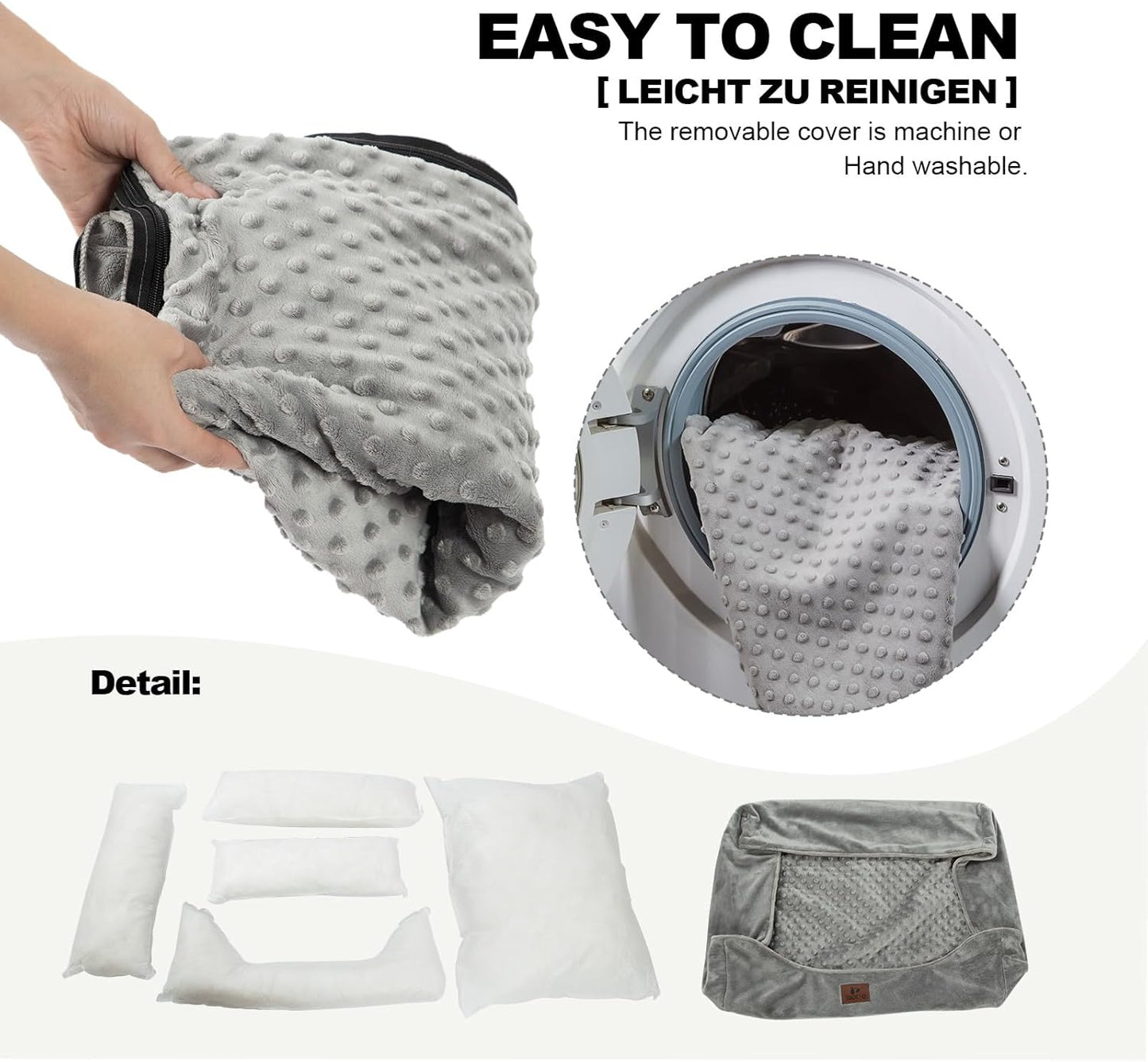 Small Dog & Cat Bed, Washable Cushion,Cover Removable, Pet Sofa with Raised Edges, Fluffy Cat Bed with Nubs, Grey