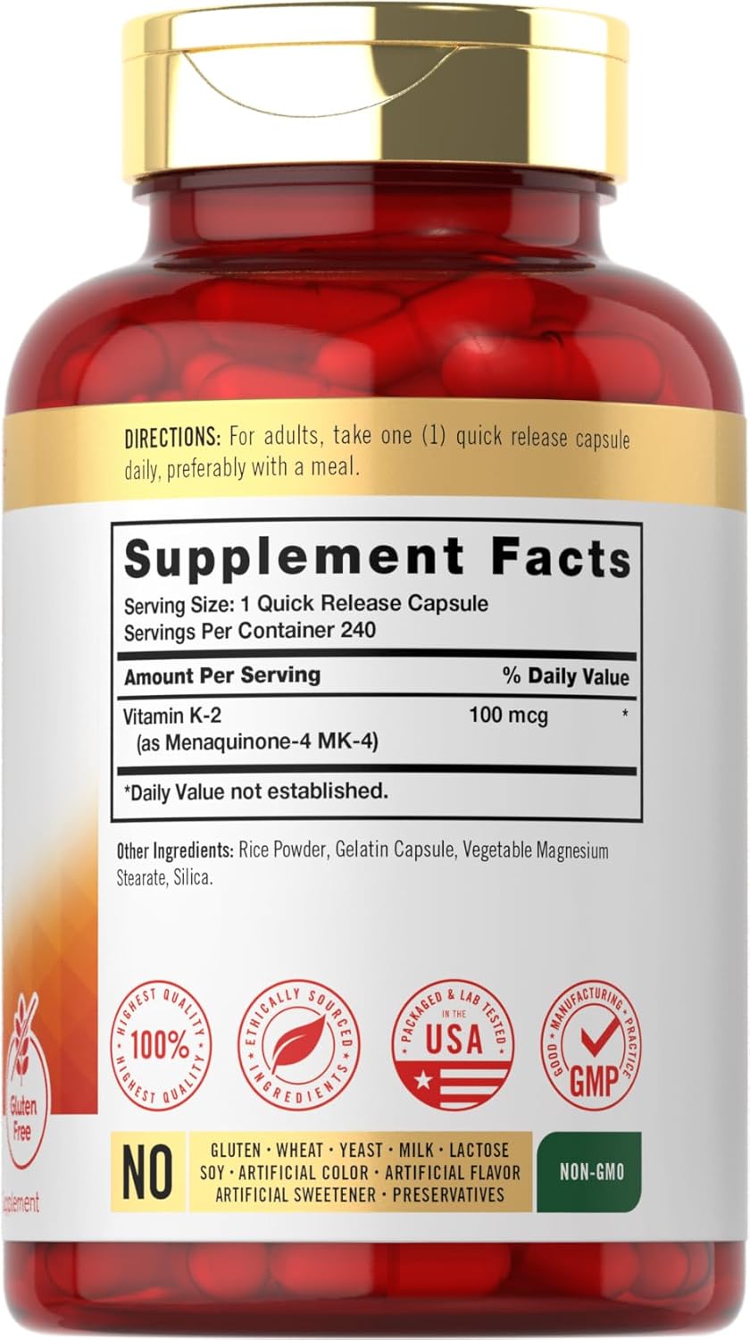 Carlyle Vitamin K2 Supplement 100 mcg | K2 MK-4 | 240 Capsules | Non-GMO & Gluten Free