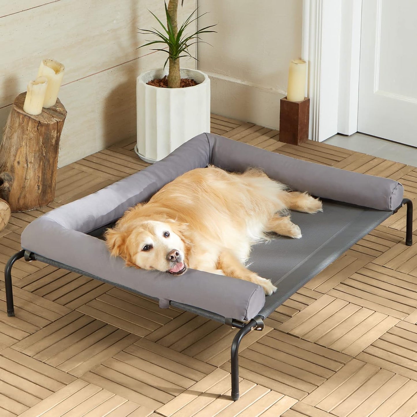 Cooling Elevated Dog Bed for Large Dogs – Waterproof Raised Dog Cot with Slope Headrest, Breathable Teslin Mesh, Durable & Portable Pet Bed for Indoor and Outdoor Use, Grey