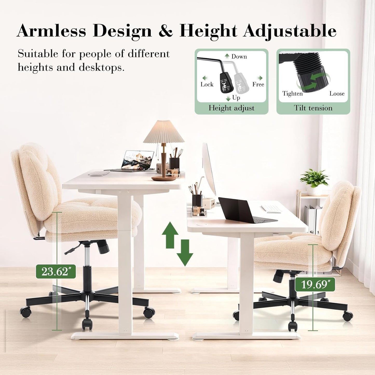 Criss Cross Chair, Thick Cushioned Ergonomic Cross Legged Office Chair with Wheels, Armless Swivel Vanity Chair, Height Adjustable Wide Computer Desk Chair for Home and Office, Beige