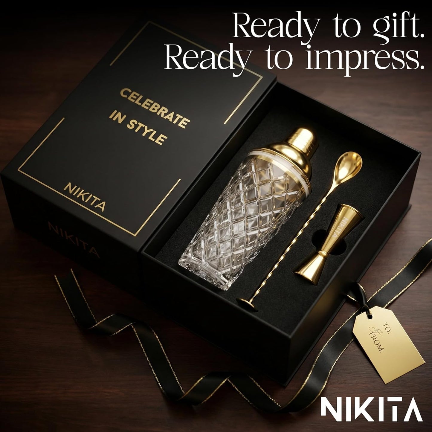 NIKITA by Niki Glass Cocktail Shaker Set, 5-Piece Martini Shaker & Bartender Kit with Bar Accessories Strainer, Jigger, Spoon & Muddler, Gold 16oz Drink Mixer with Bartender Accessories