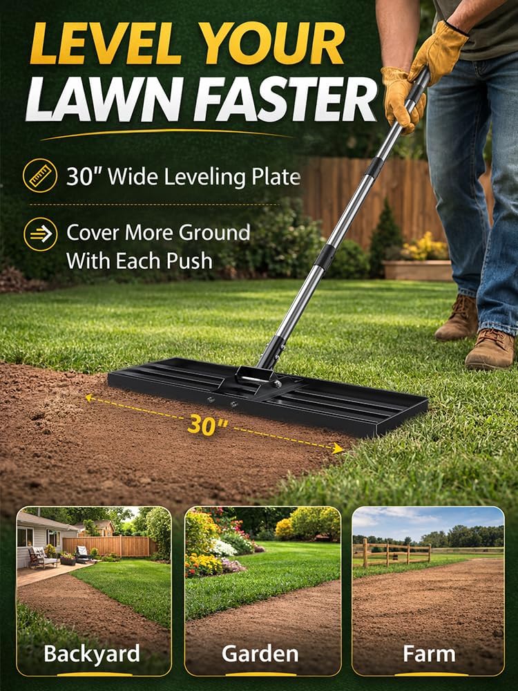 30x10 inch Lawn Leveling Rake, Yumatum 72" Effort Saving Lawn Leveler Tool, Stainless Steel Handle Lawn Leveler for Golf Course Yard Pasture Garden, Professional Lawn Care Landscape Rake