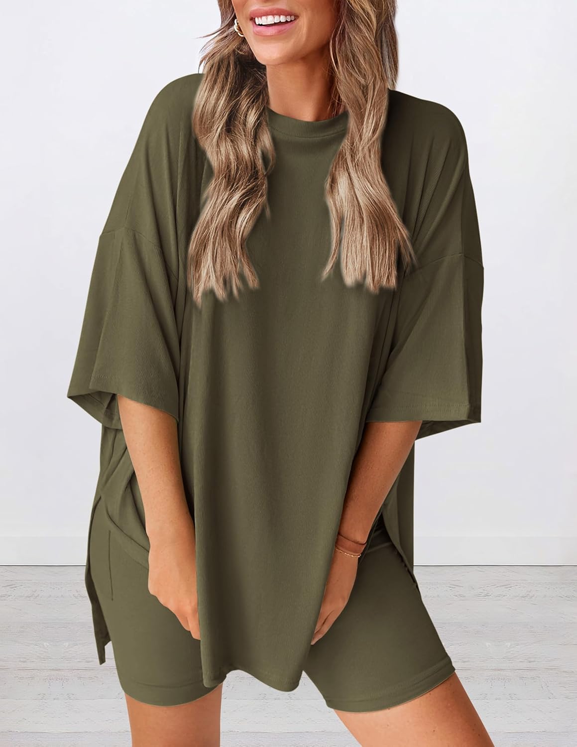 PRETTYGARDEN Women 2 Piece Lounge Set 2026 Summer Casual Oversized Shirts Biker Shorts Matching Airport Travel Outfit Clothes
