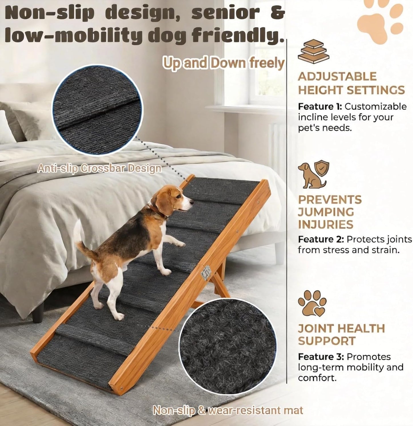 2026 Upgraded Foldable Dog Ramp for Couches, Wooden Small Dog Ramp for Sofa - 4 Adjustable Heights (12"-19"), Portable, Stable & Non-Slip, Walnut
