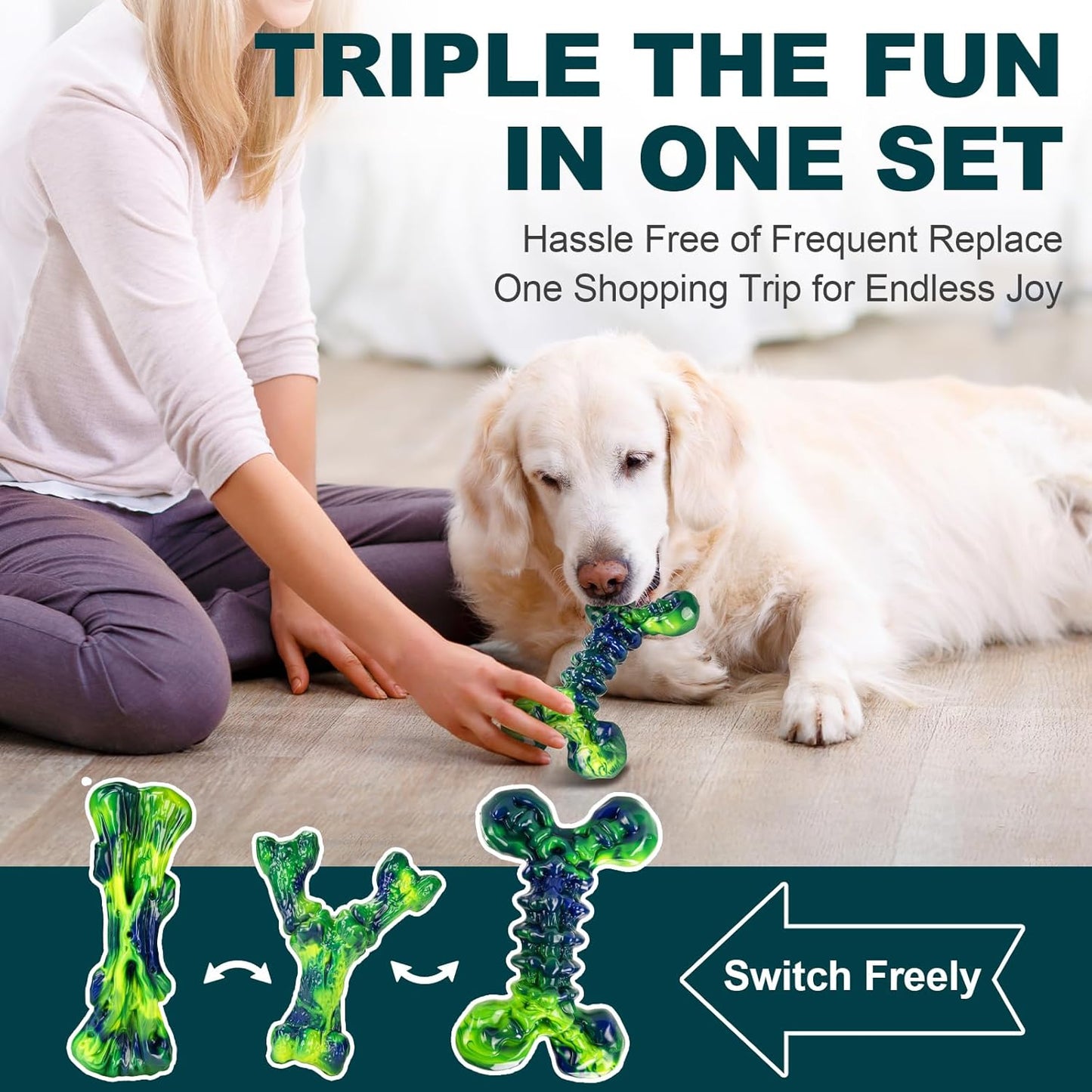 3-Pack Indestructible Dog Chew Toys for Aggressive Chewers, Peanut Butter Nylon Bones for Medium Large Dogs (25-90 lbs), Dental Chews for Boredom & Anxiety (Lucky Green)